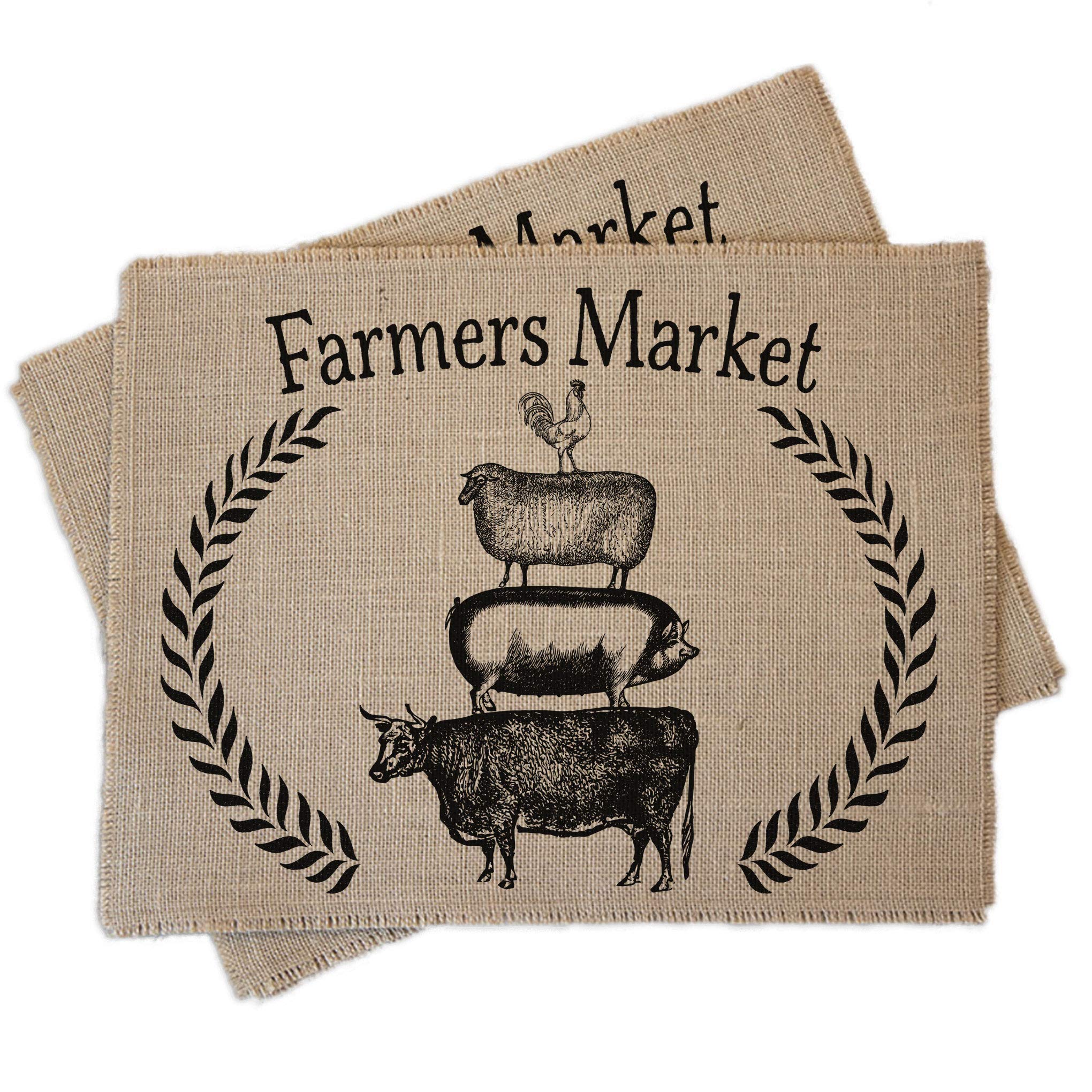 Farmers Market Burlap Placemats Set of 2 - Rustic Natural Jute Table Mats for Dining Room Decor, Kitchen Table Setting, and Farmhouse Style Home Accessories