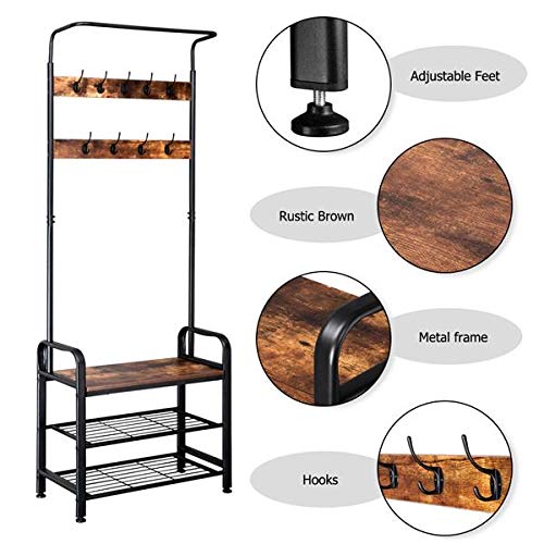 Rustic Industrial Coat Rack Hall Tree with Shoe Bench - Entryway Organizer with Hooks & Storage Shelf for Hallway, Bedroom & Living Room - Easy Assembly Home Furniture for Small Spaces & Apartment Entryways