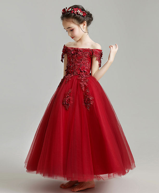 Elegant Burgundy Tulle Lace Flower Girl Dress for Weddings & Special Occasions - Perfect for Bridal Parties, Pageants & Formal Events