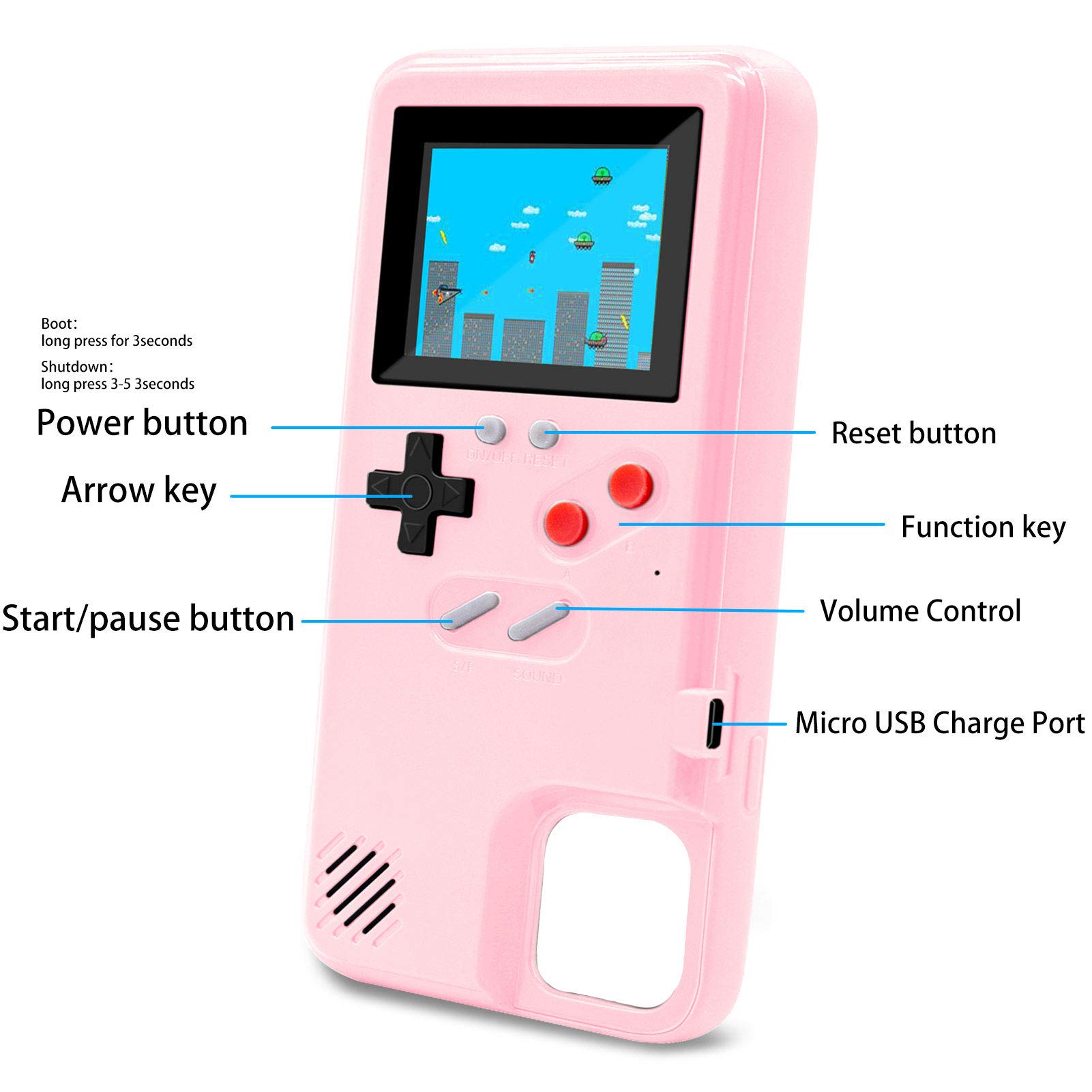 LucBuy Retro Game Console Case for iPhone 13 Pro Max - Self-Powered Protective Cover with 36 Classic Games, Full Color Display & Shockproof Bumper (Pink) | Perfect for Gaming Enthusiasts & Nostalgic Entertainment On-the-Go