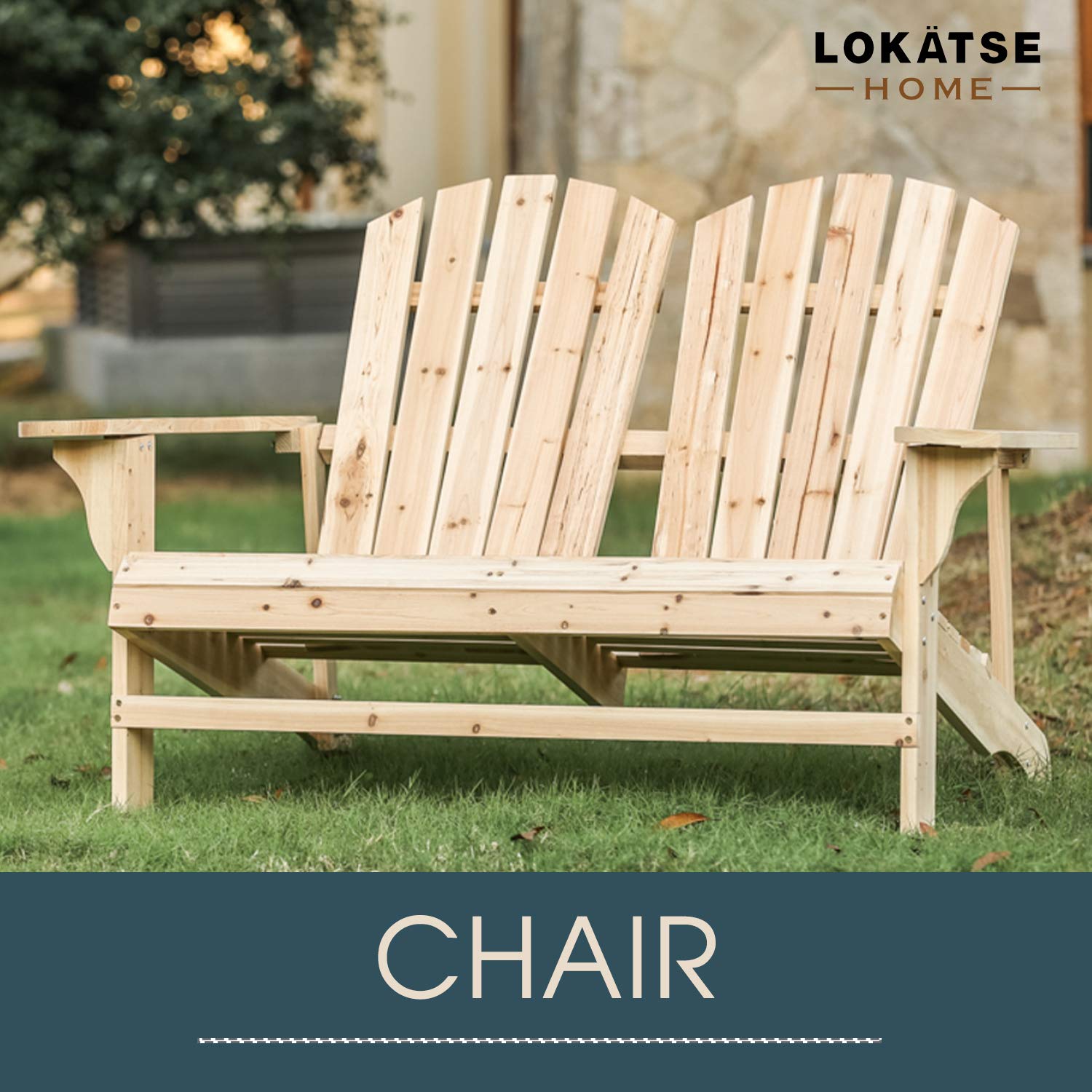 LOKATSE HOME Natural Wooden Adirondack Bench Loveseat - Outdoor Patio Chair for Two, Weather-Resistant Garden Seating for Backyard, Deck, Porch, and Poolside Relaxation