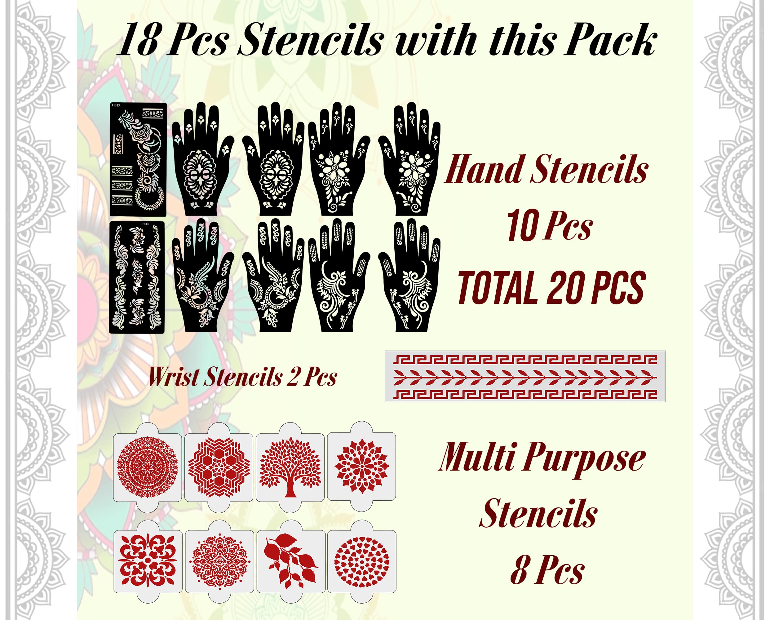 20 Pcs Reusable Henna Stencil Kit - Latest Mehndi Design Stickers for Girls, Women & Kids | DIY Body Art for Parties, Weddings & Festivals (D-2375)