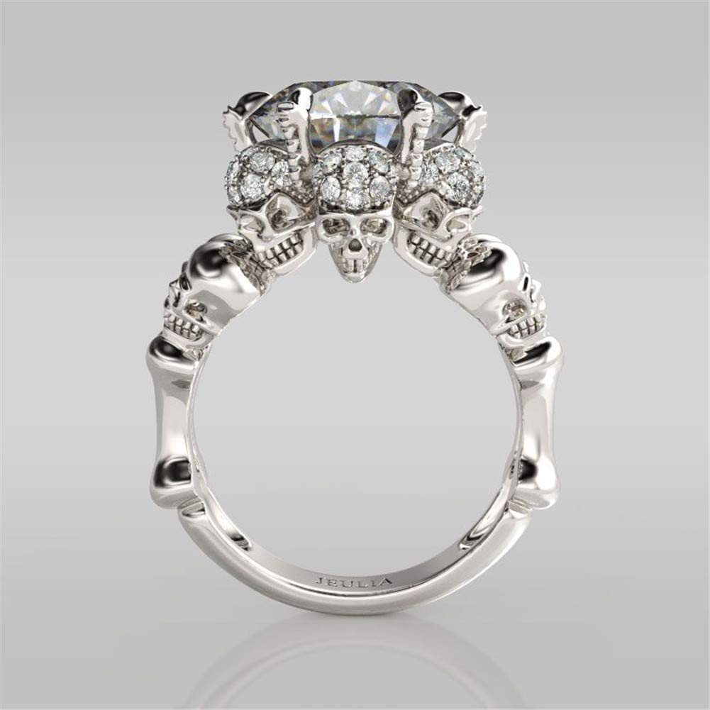 8.4 Carat Round Cut Diamond Skull Ring for Women - 925 Sterling Silver Wedding Band, Cubic Zirconia Solitaire Engagement Ring - Anniversary Promise Gift with Jewelry Box (Perfect for Bridal, Goth Fashion & Unique Proposal)