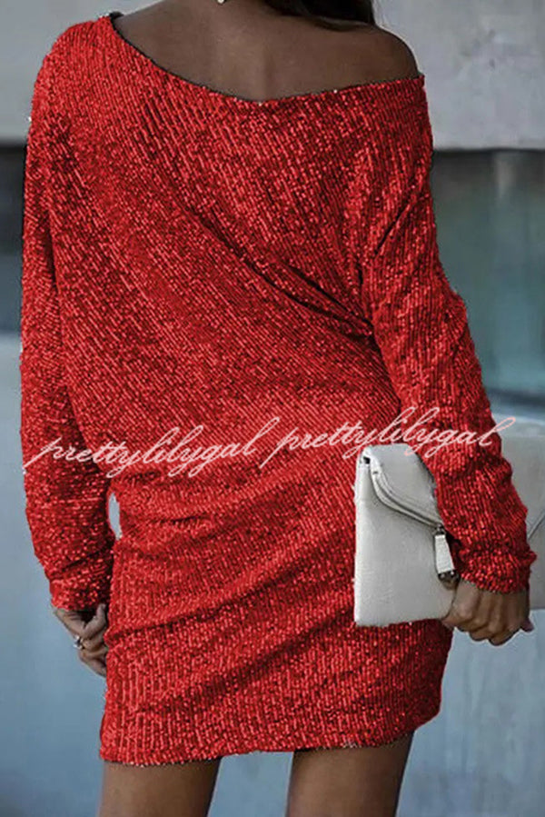 Elegant Solid Sequined Off-Shoulder Loose Mini Dress for Women - Perfect for Parties, Date Nights & Special Occasions
