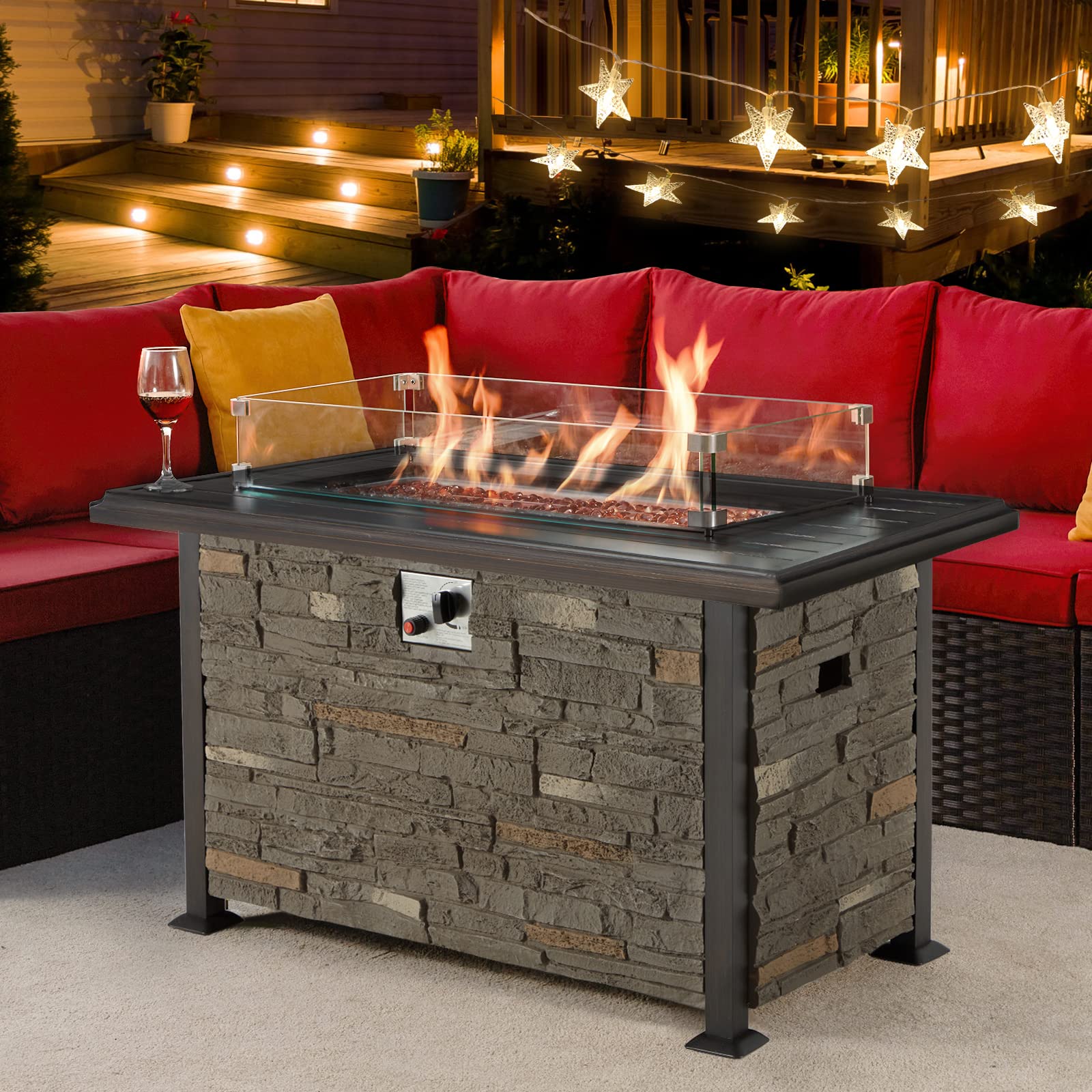 Vicluke 44 Inch Outdoor Propane Fire Pit Table with Faux Ledgestone & Hand-Painted Table Top - 50,000 BTU CSA Certified Fire Table with Wind Guard & Waterproof Cover - Perfect for Patio, Backyard, Christmas Decor (Gray)