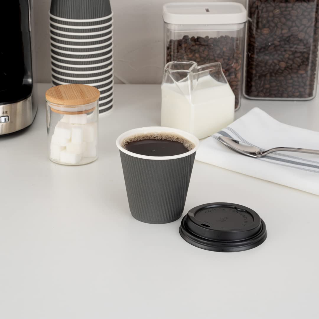 8oz Insulated Coffee Cups with Lids (20 Pack) - Leakproof & Non-Slip Gray Disposable Paper Cups for Hot Beverages - Perfect for Coffee, Tea, Hot Cocoa & Lattes at Cafes, Offices or Home Use