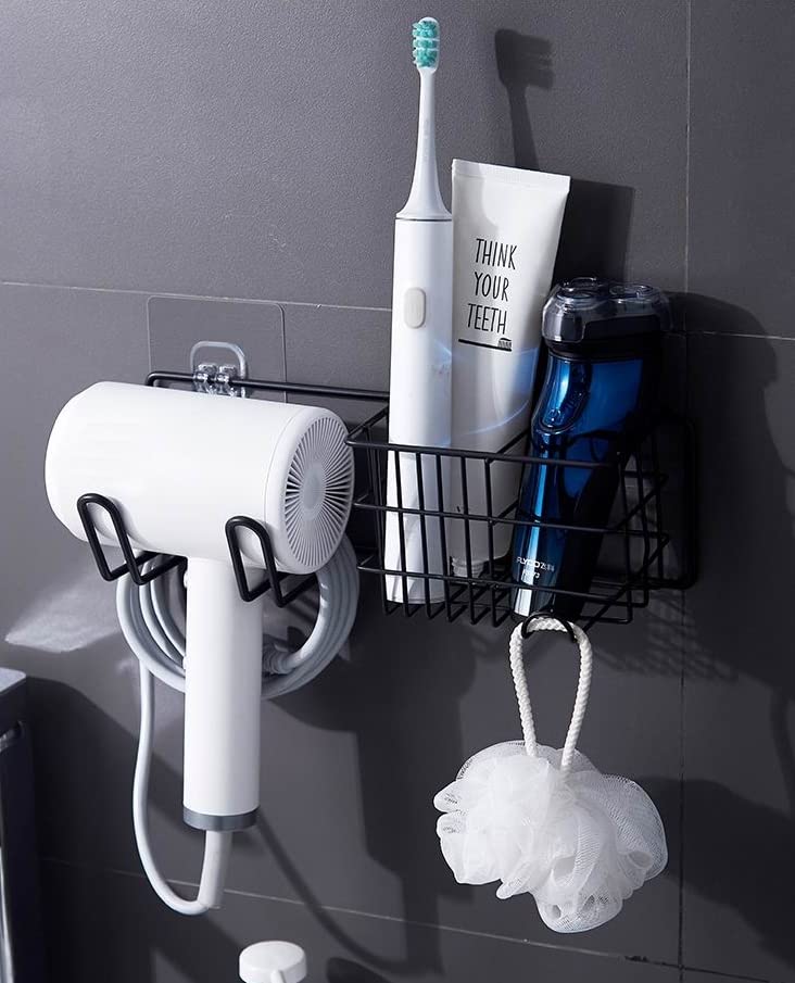 Metal Wire Hair Tool Organizer - Wall Mount Bathroom Storage Basket for Hair Dryer, Flat Iron, Curling Wand & Straightener Brushes | Black | Perfect for Salon-Style Organization at Home