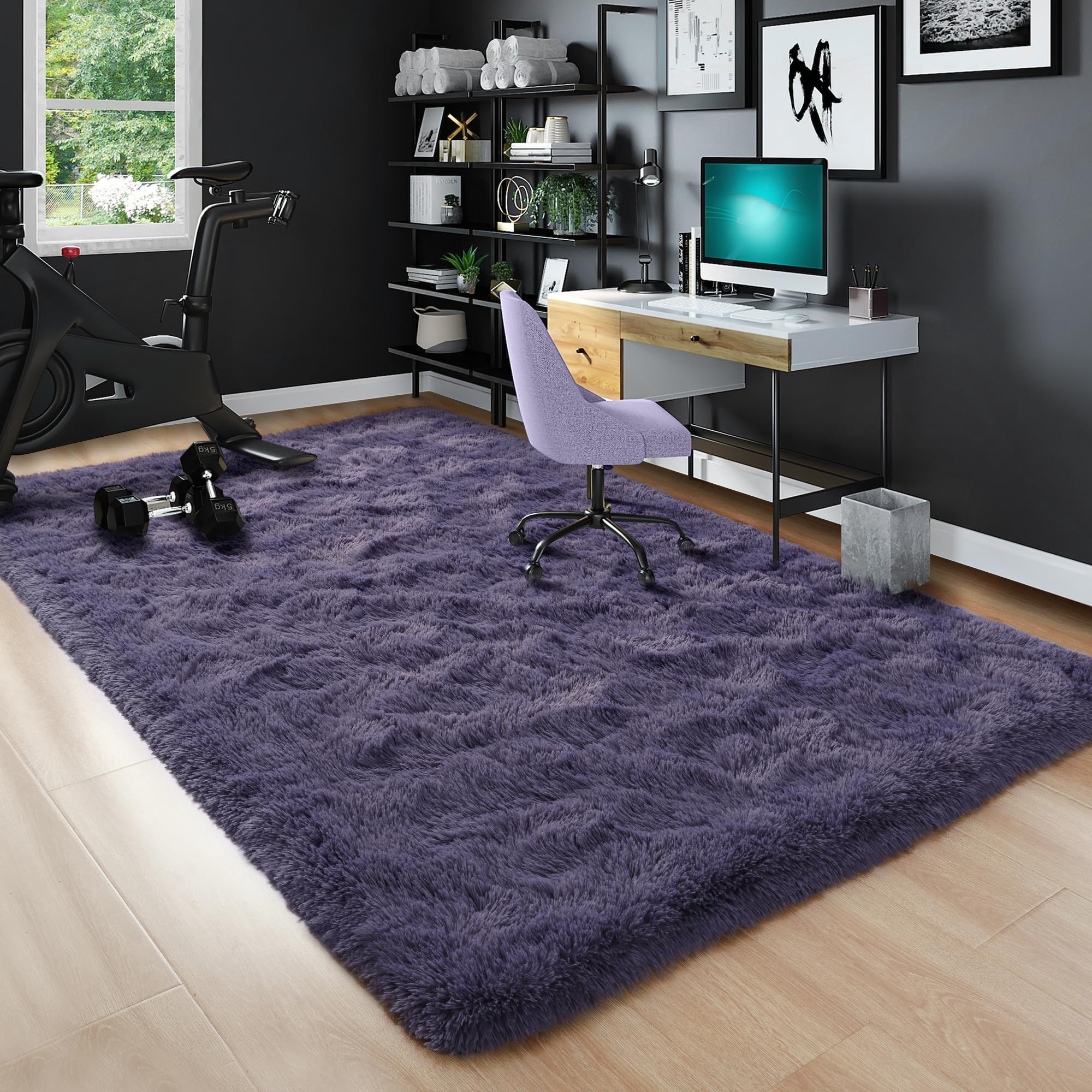 Fluffy Grey Purple 4x6 Shaggy Area Rug - Soft Thick Plush Carpet for Bedroom, Living Room, Kids Room & Dorm Decor - Cozy Aesthetic Floor Mat for Girls' Room, Home & Office Use