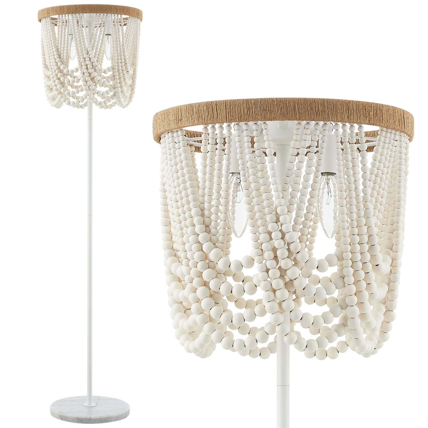 VILUXY Bohemian Wood Beaded Floor Lamp - Antique Rustic White Finish 3-Light Chandelier for Bedroom, Nursery, Dining Room & Girls Room | Perfect for Boho Home Decor, Farmhouse Living Room & Cozy Reading Nook