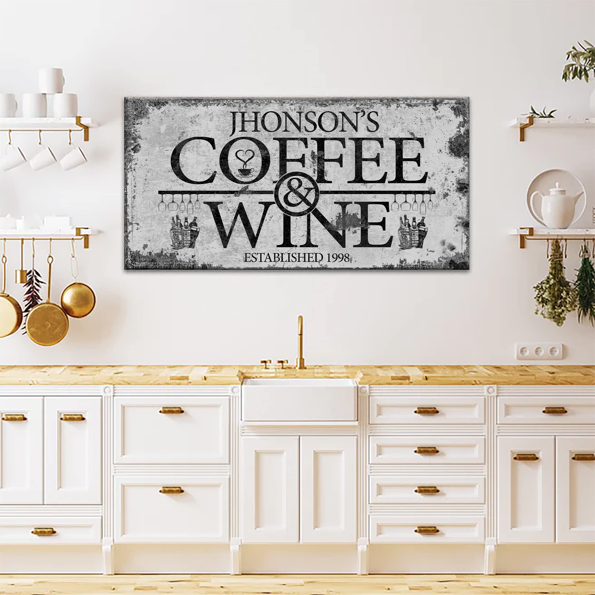 Custom Coffee Bar Sign - Personalized Grey Rustic Coffee & Wine Wall Art (48x16in) | Small & Large Canvas Decor for Home, Kitchen, Coffee Station, Office & Business | Perfect for Farmhouse, Cafe & Bar Decor
