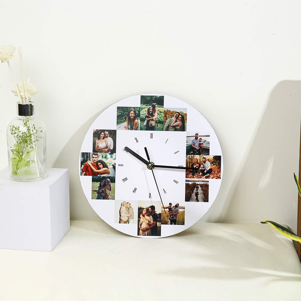 Kaululu 10-Inch Custom Photo Wall Clock - Personalized Round Wall Clock with 12 Photos for Family, Friends, Wife or Husband - Unique Home Decor for Living Room, Bedroom & Kitchen - Perfect Gift for Anniversary, Birthday & Housewarming
