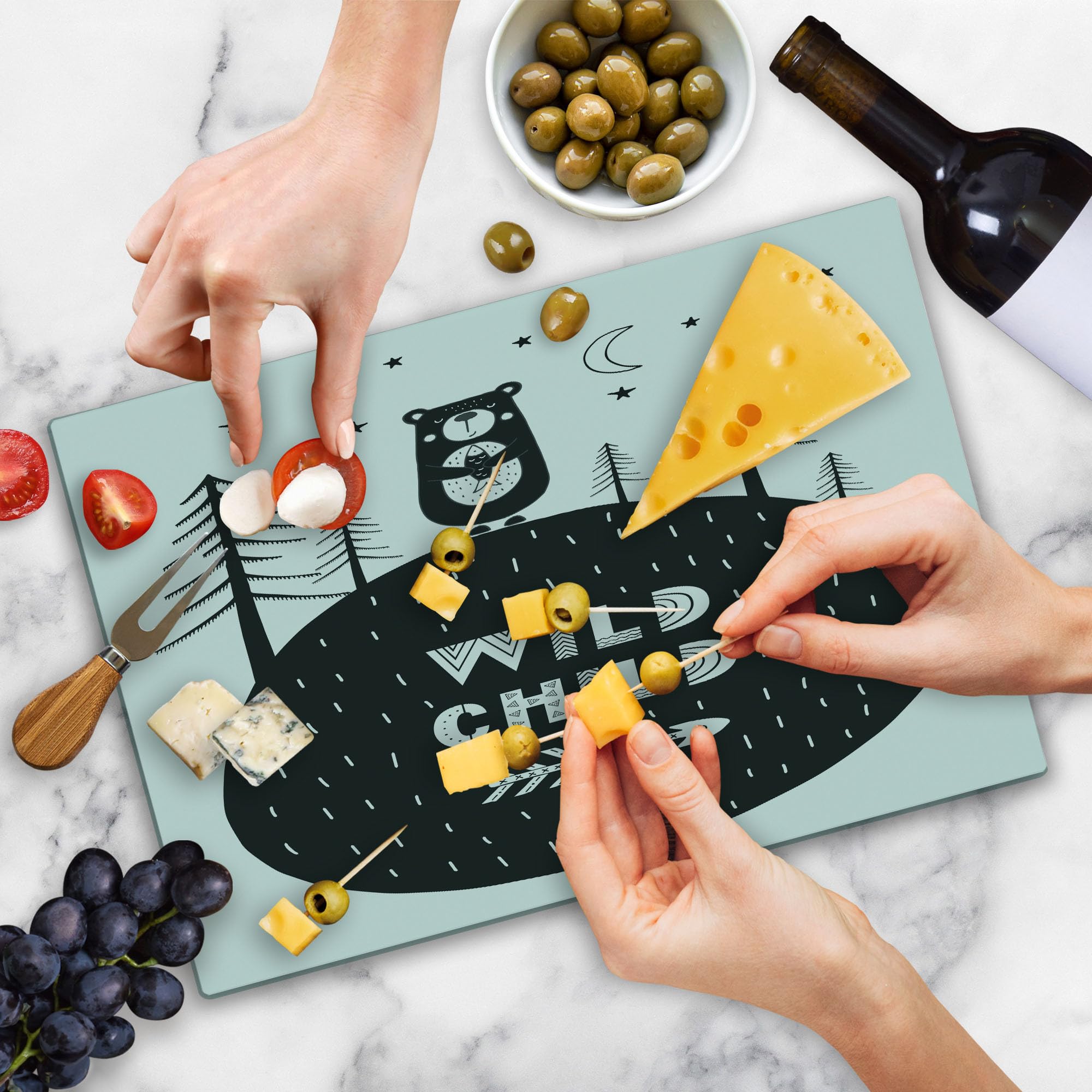 Ambesonne Grey and White Bear Forest Cutting Board - Hand Drawn Smiling Bear Holding Fish Design - Tempered Glass Serving Board for Kitchen & Dining - Large Decorative Charcuterie Tray for Entertaining & Gifts