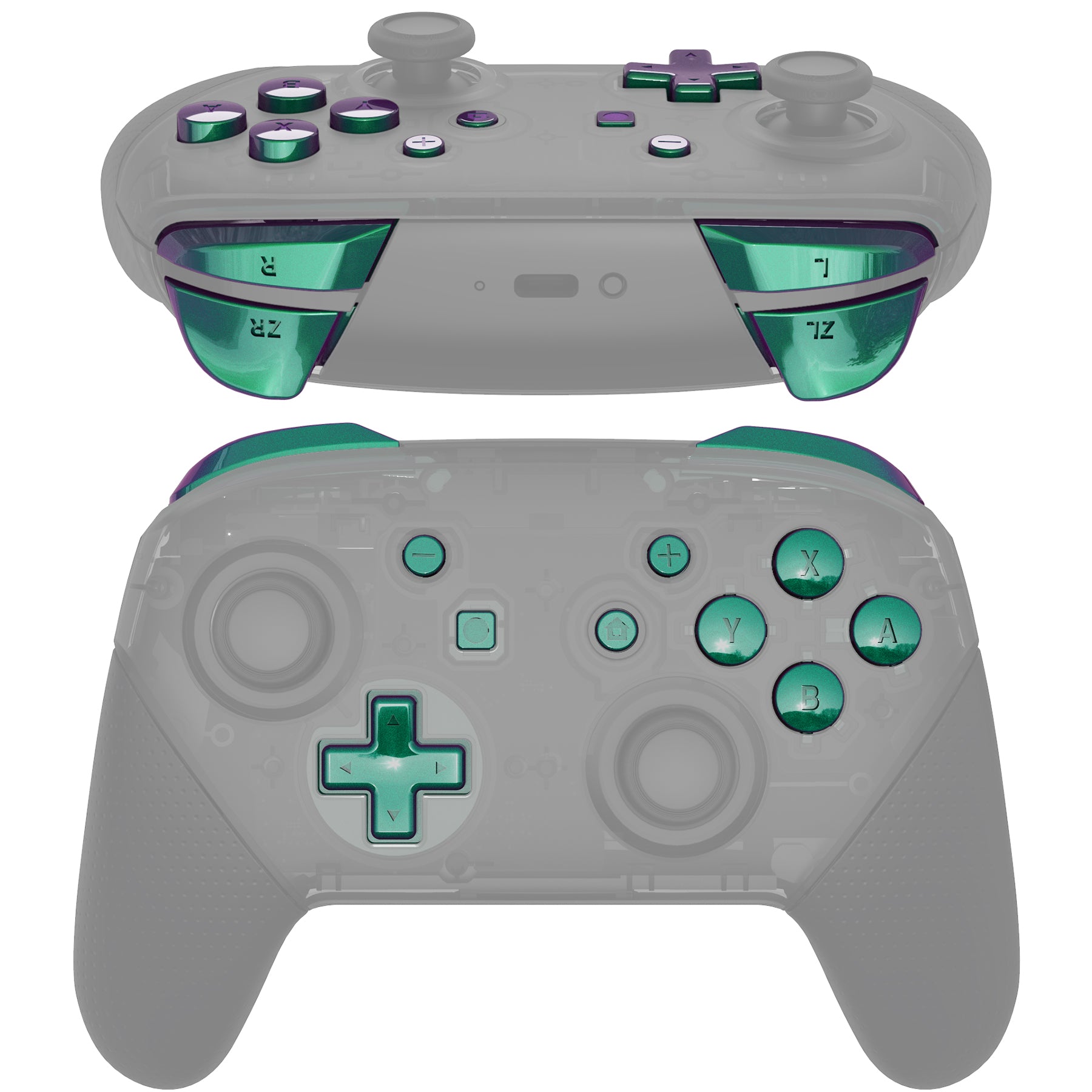 eXtremeRate DIY Replacement Full Set Buttons for Nintendo Switch Pro Controller - Green Purple Chameleon (KRP311) | Customize Your Gaming Experience for Enhanced Play