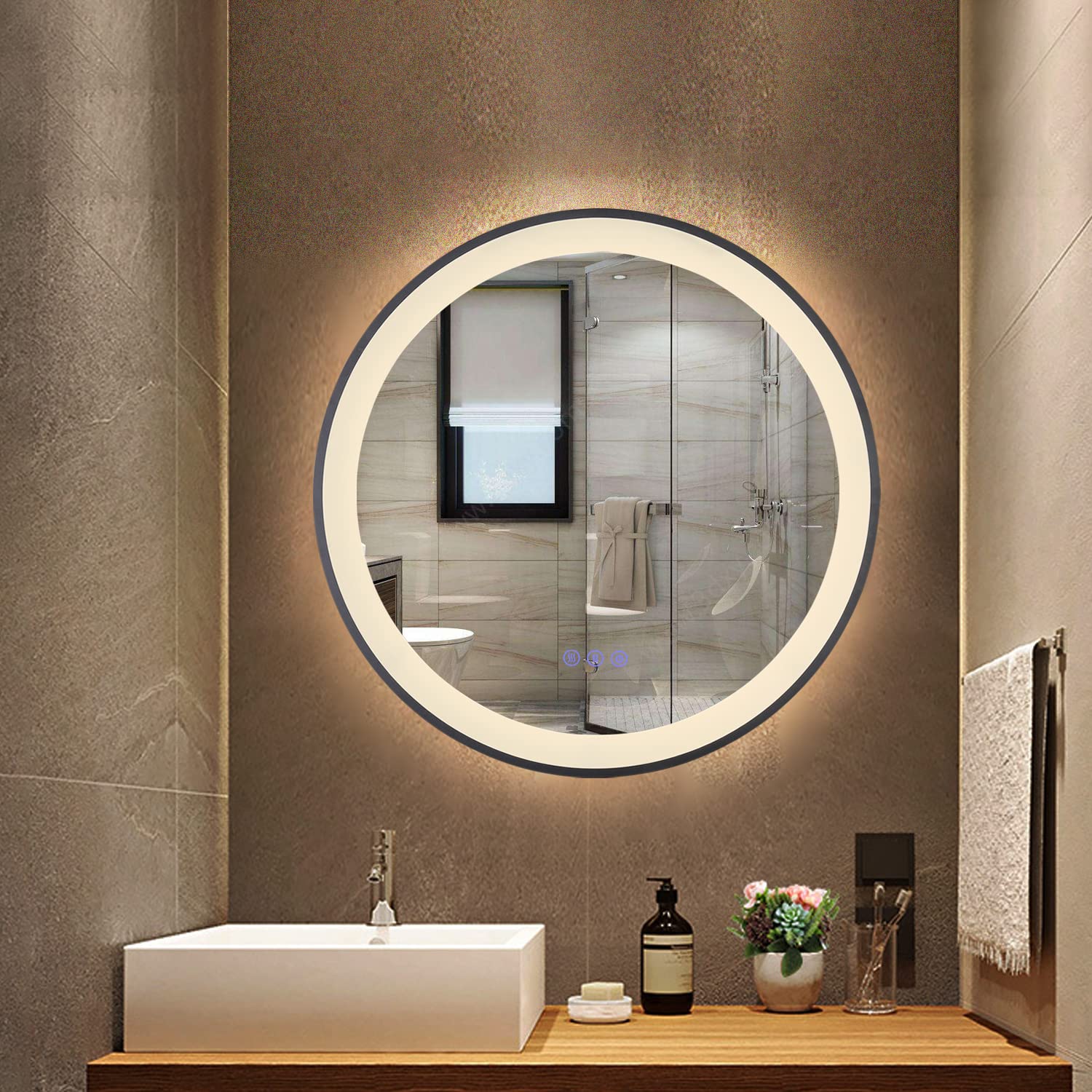 24 Inch Round Black Framed LED Bathroom Mirror with Smart Touch - Dimmable 3-Color Lighting, Anti-Fog & Waterproof - Perfect for Vanity, Makeup, Shaving & Home Decor (Wall Mounted)