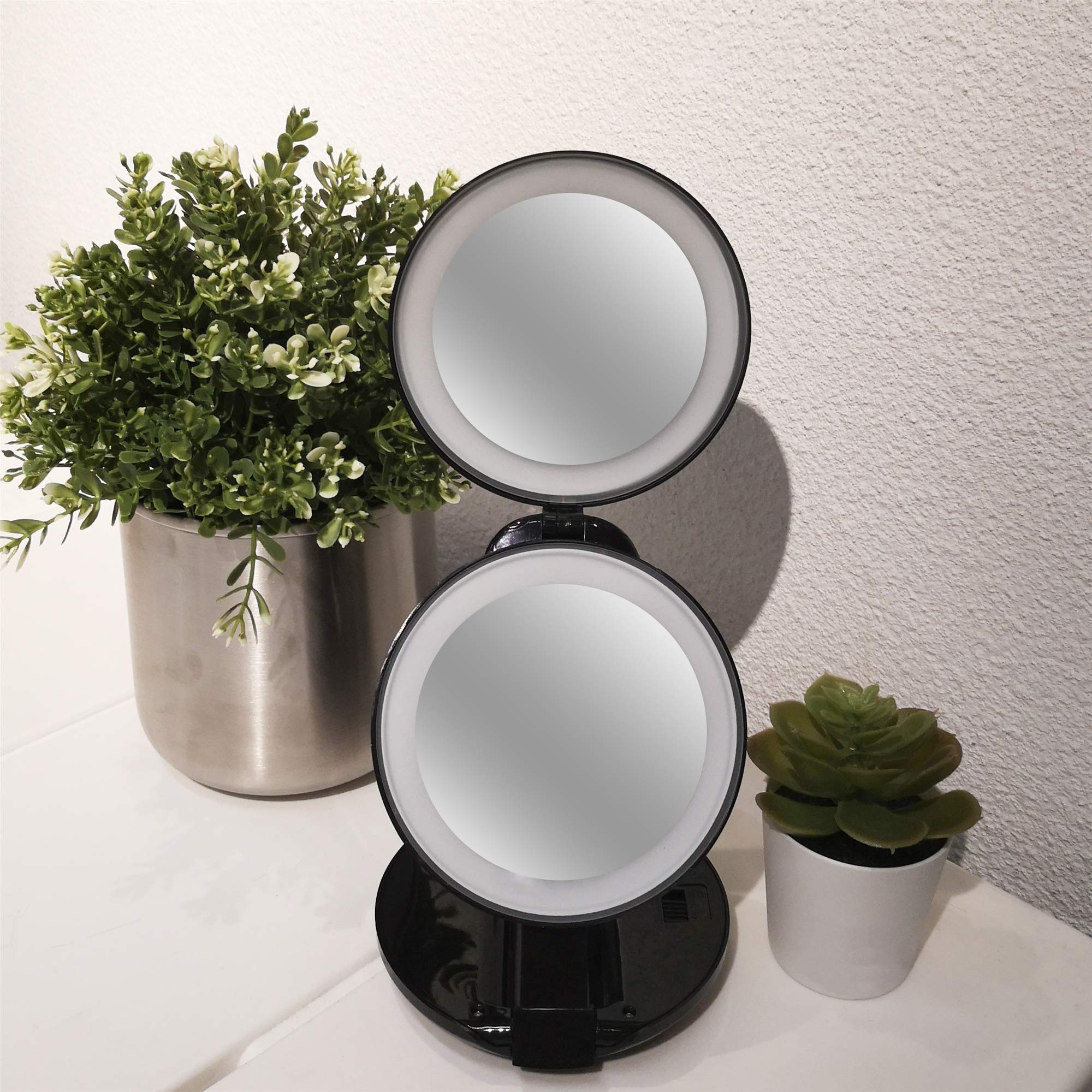 LED Travel Makeup Mirror 10x Magnification - Folding Vanity Mirror for Home & Travel (Black)