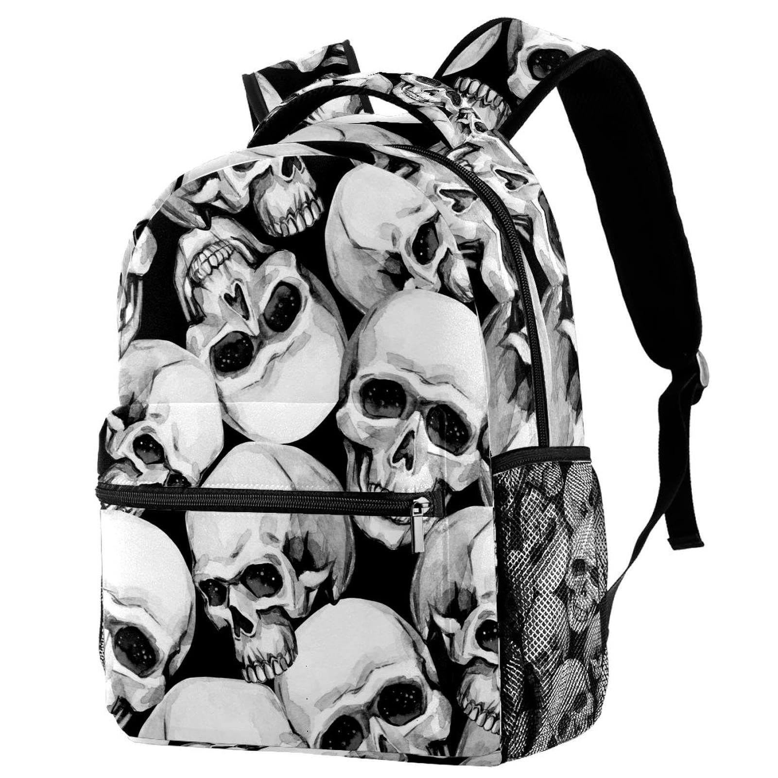 Gothic Punk Backpack with Skull Head Design - Stylish Black & White Unisex Laptop Bag for Men & Women - Perfect for School, Travel & Daily Use