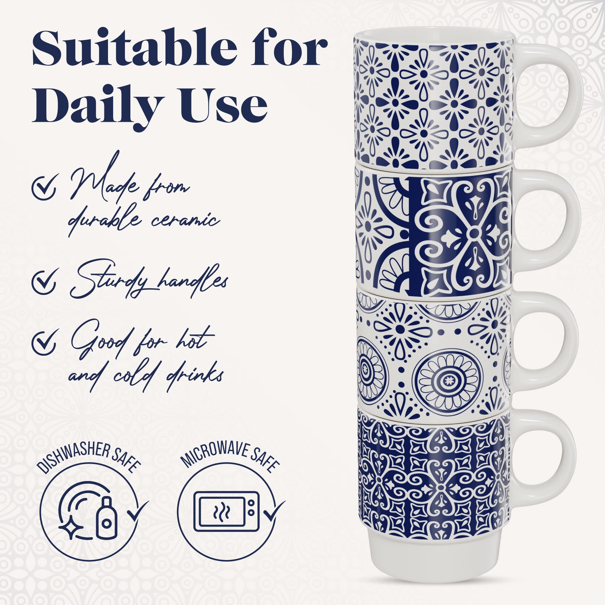 American Atelier 4-Piece Ceramic Coffee Mug Set with Stackable Rack – 14oz Medallion Blue Design – Perfect for Home, Office, or Gift Giving