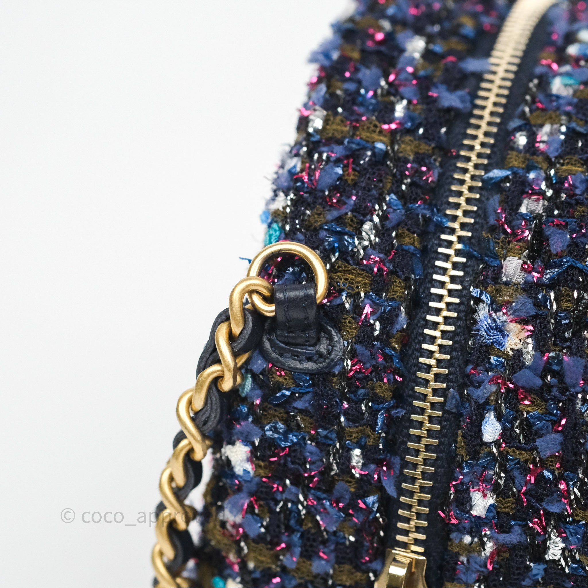 Chanel Navy Purple Tweed Round Clutch Bag with Chain & Aged Gold Hardware - Elegant Evening Clutch for Parties, Weddings & Special Events