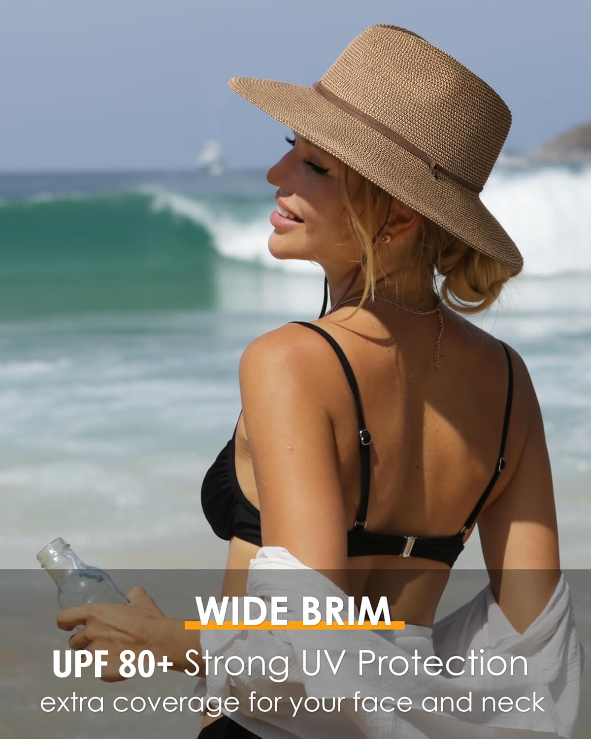 FURTALK Women's Summer Straw Sun Hat Wide Brim Panama Fedora Beach Hat with Wind Lanyard UPF 80+ UV Protection - Perfect for Beach, Pool, Vacation & Outdoor Activities