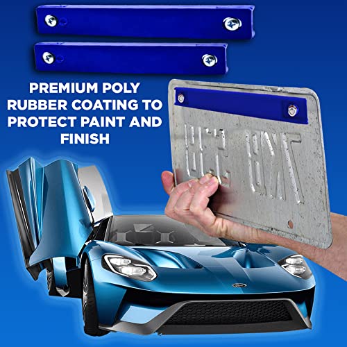 Strong Rubber Molded Magnetic License Plate Holder - Set of 2 with Blue Accents & Screws - Perfect for Car, Truck, RV & Motorcycle Number Plate Installation