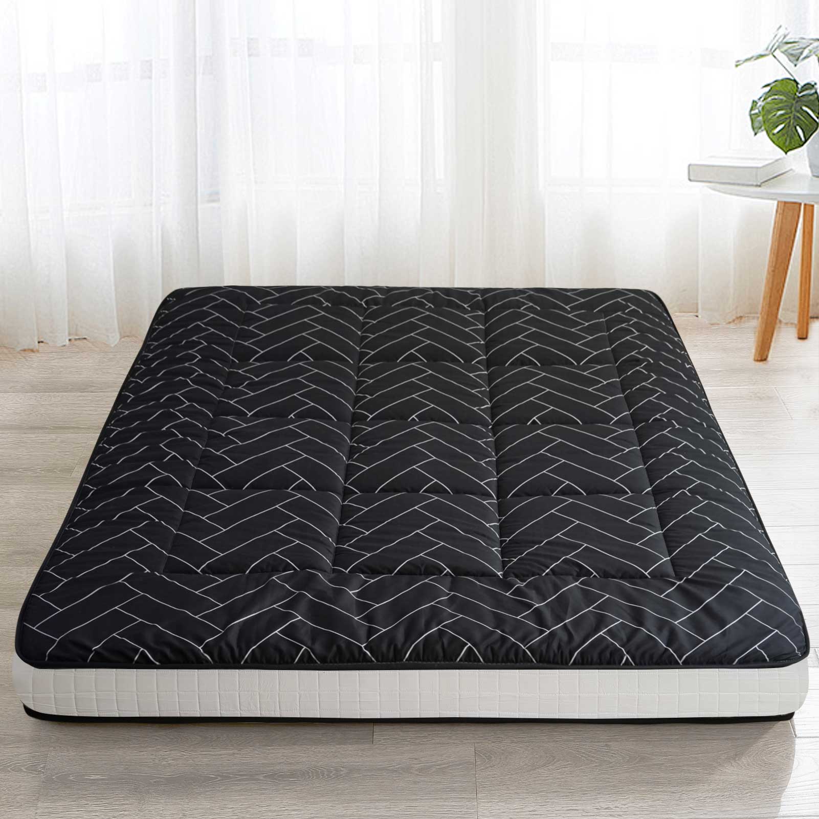MAXYOYO Japanese Floor Futon Mattress - Black Geometric Pattern, 3-Inch Thick Foldable Sleeping Pad for Guest Bed, Floor Bed, Camping & Travel | Comfortable & Space-Saving