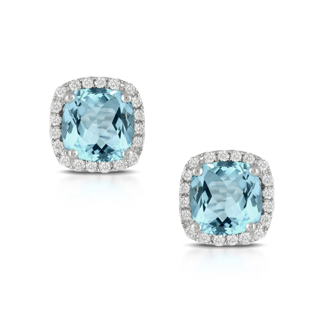 2.5ct Cushion Cut Blue Topaz and Diamond Stud Earrings in 18K White Gold - Elegant Jewelry for Women, Perfect for Weddings, Parties & Special Occasions