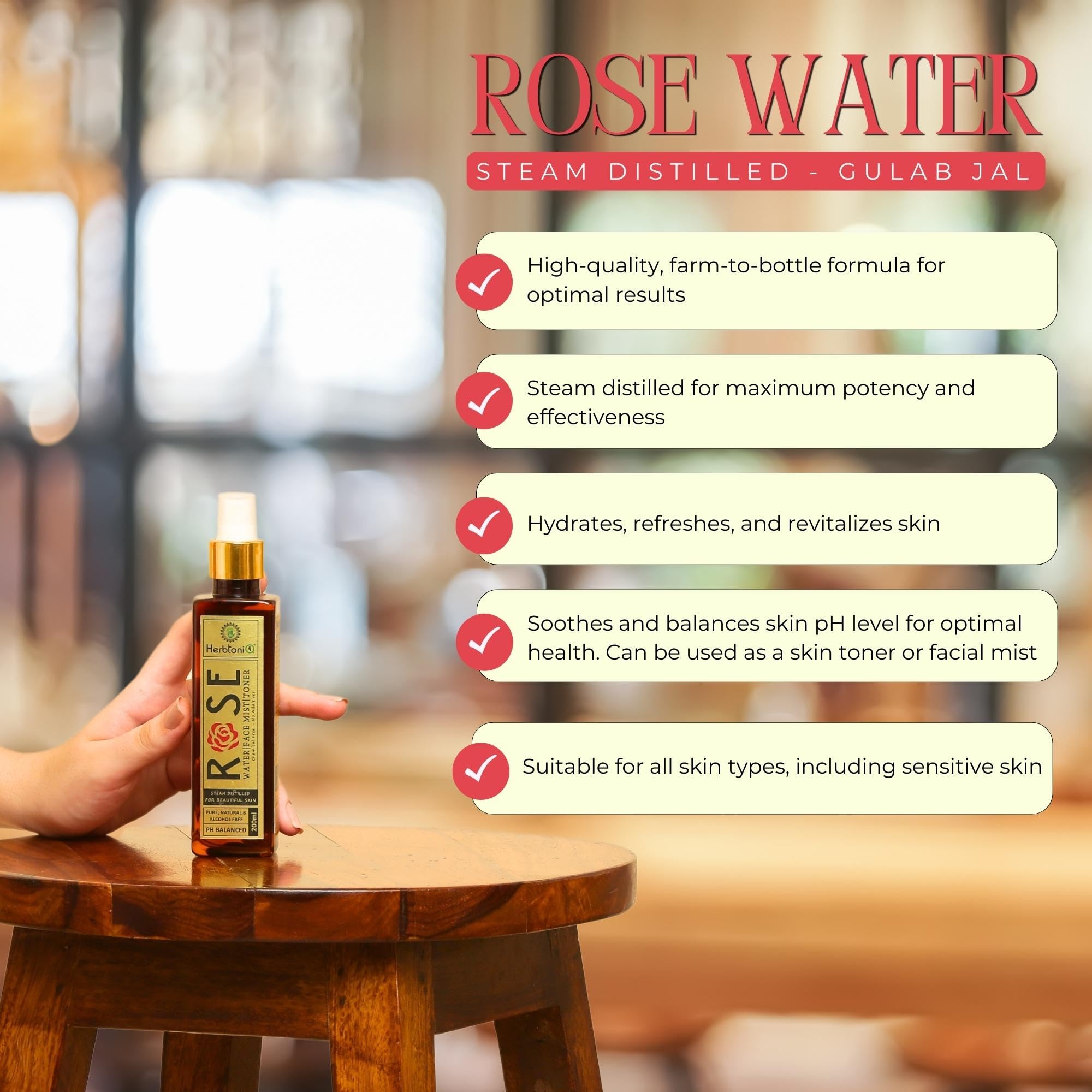 Herbtoniq Alcohol-Free Rose Water Facial Toner Spray - 100% Natural Steam Distilled Organic Gulab Jal for Hydrating & Refreshing Skin - Chemical-Free Face Mist (200ml) | Perfect for Daily Skincare Routine, Makeup Setting & Post-Workout Refreshment