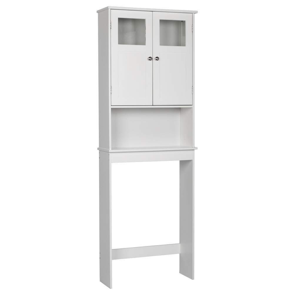 Ochine White Over The Toilet Storage Cabinet - Double Door Bathroom Organizer with Adjustable Shelves & Open Storage - Space Saving Free Standing Toilet Rack for Small Bathrooms, Apartments & Powder Rooms - Perfect for Storing Towels, Toiletries & Cleaning Supplies