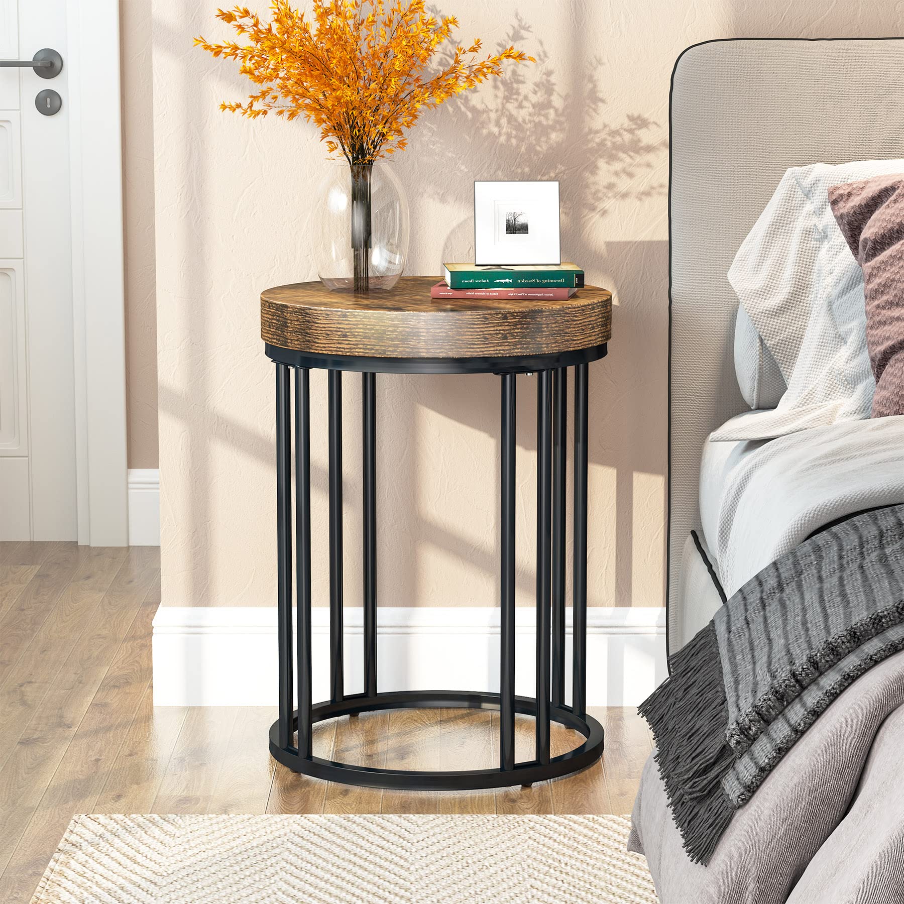 Modern Round End Table with Metal Frame & Wooden Circle Top - Rustic Brown & Black Nightstand for Bedroom, Living Room, Sofa - Space Saving Accent Table Easy to Assemble - Perfect for Small Spaces, Apartments & Home Decor
