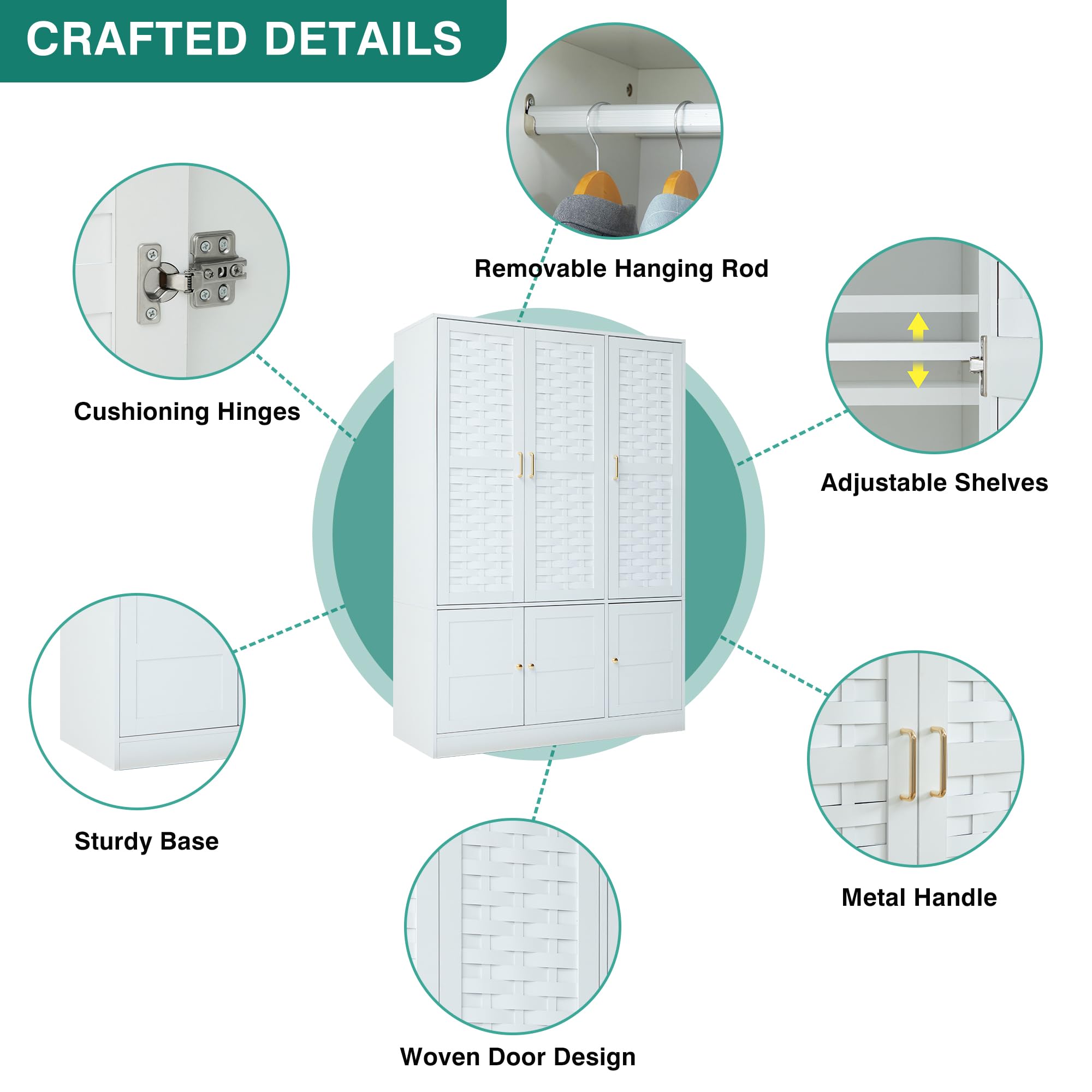 LEVNARY 6-Door Woven Wardrobe Closet - White Freestanding Armoire Cabinet with Adjustable Shelves & Hanging Rail | High Capacity Storage Organizer for Bedroom, Closet & Dorm Room Organization