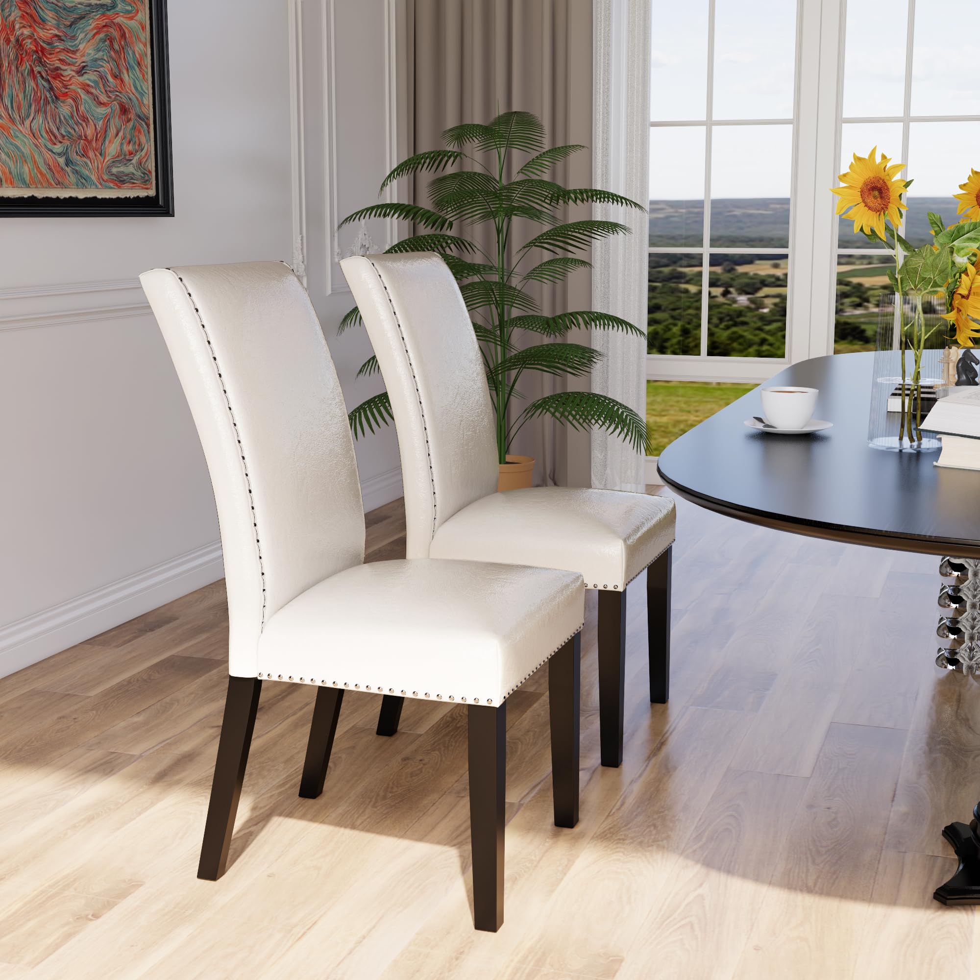 LEEMTORIG Set of 2 Faux Leather Upholstered Parsons Dining Chairs with Nail-Head Trim - Ivory White CY-1122-WT - Modern Kitchen, Dining Room, Living Room, Bedroom & Outdoor Lounge Seating for Home & Cafe