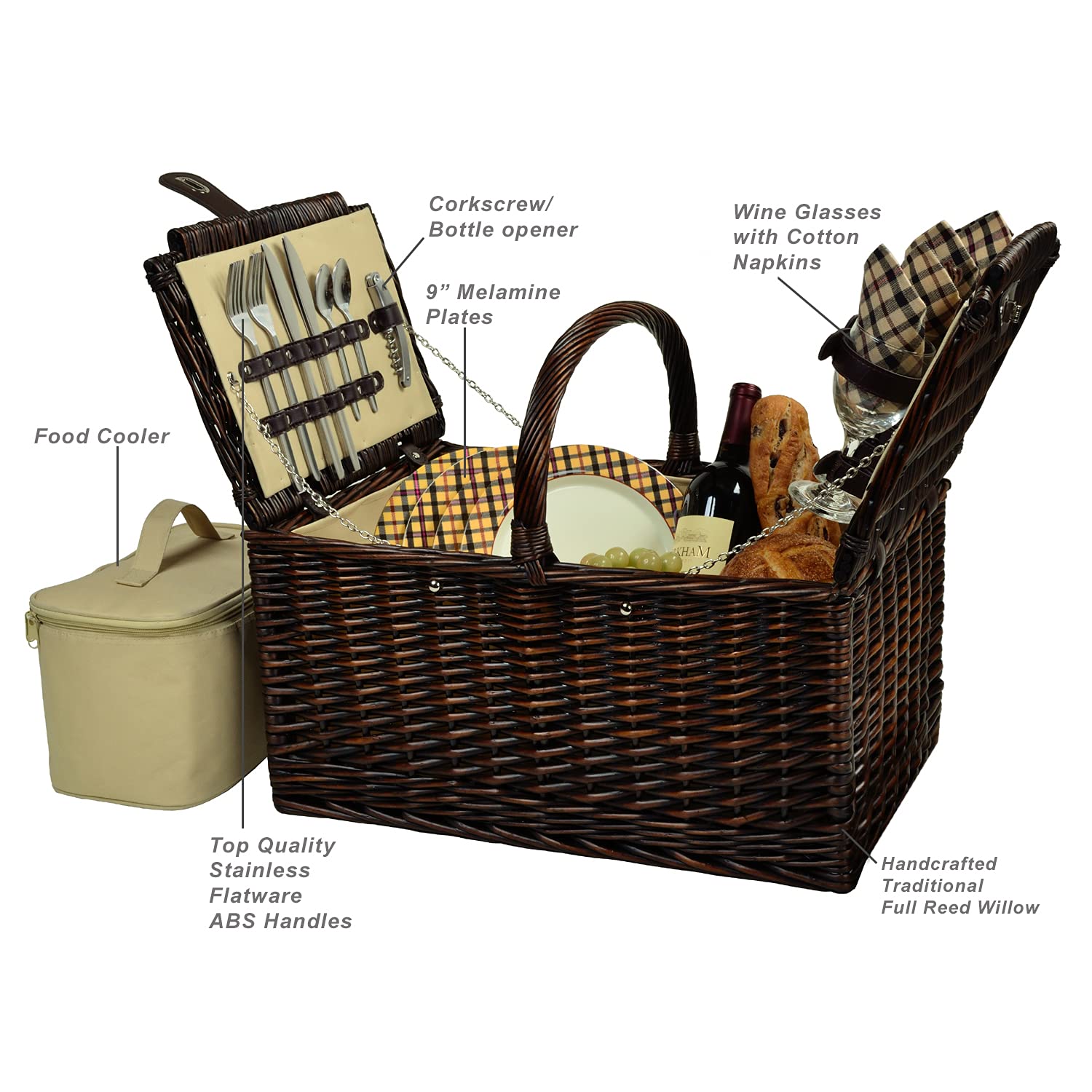 Picnic at Ascot Buckingham Willow Picnic Basket for 4 - Classic London Plaid Design | Perfect for Outdoor Dining, Beach Picnics & Romantic Getaways