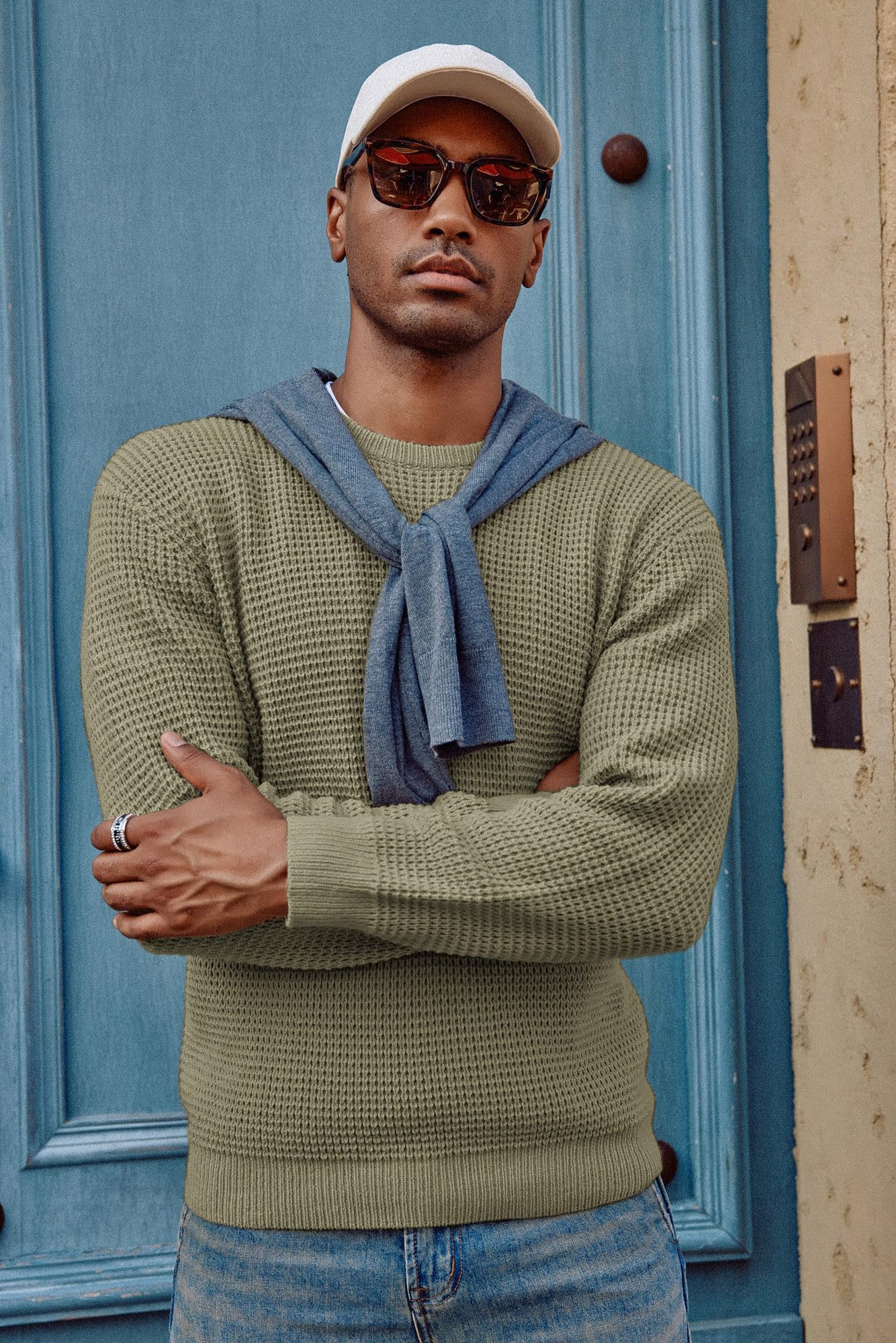 PJ PAUL JONES Men's Waffle Knit Crewneck Sweater - Long Sleeve Textured Pullover for Casual Wear, Office & Fall Outfits