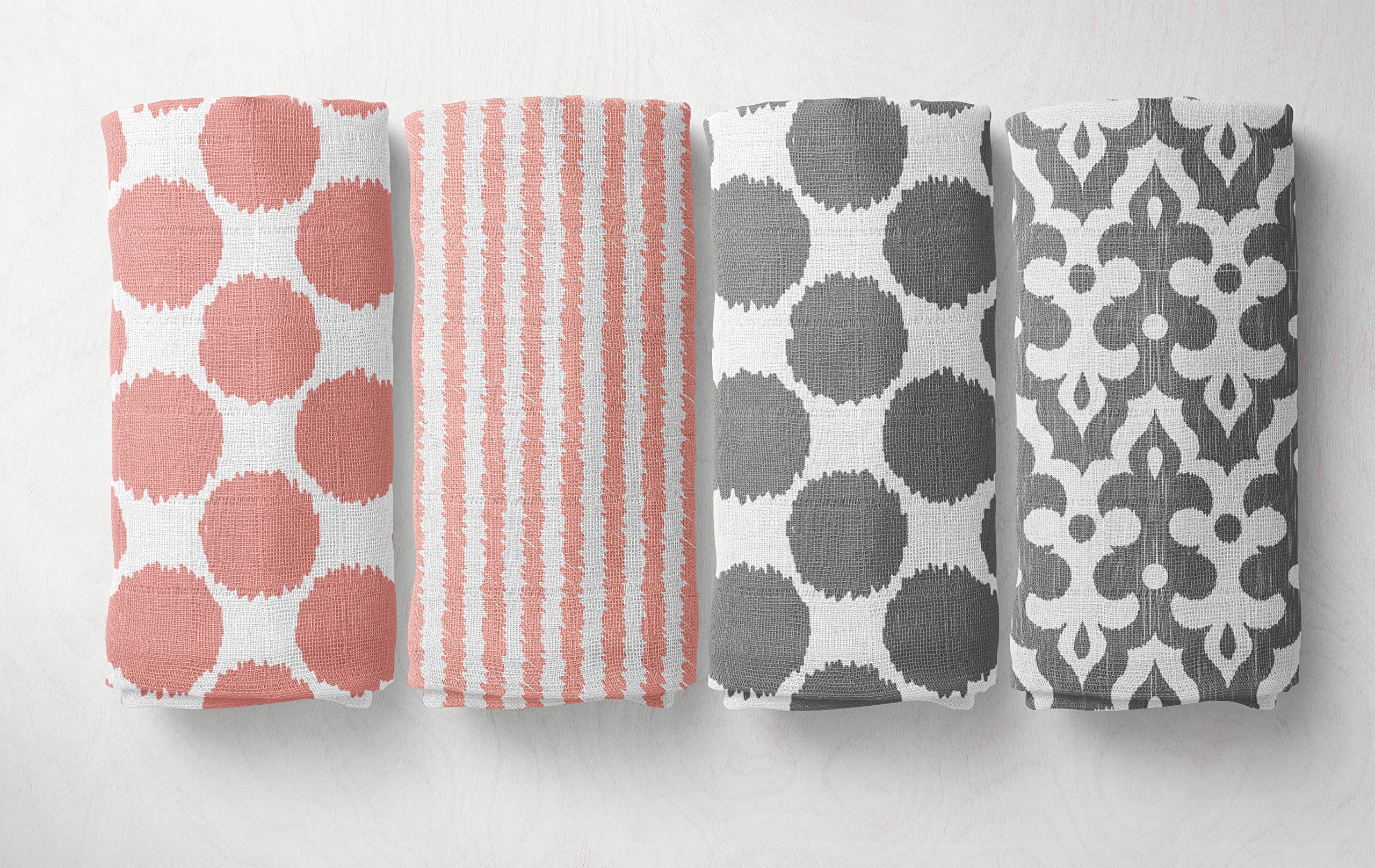 Bacati Coral Grey Ikat Chevron Muslin 10-Piece Neutral Crib Bedding Set with 4 Swaddle Blankets for Standard US Crib - Soft Baby Nursery Essentials for Newborns & Infants