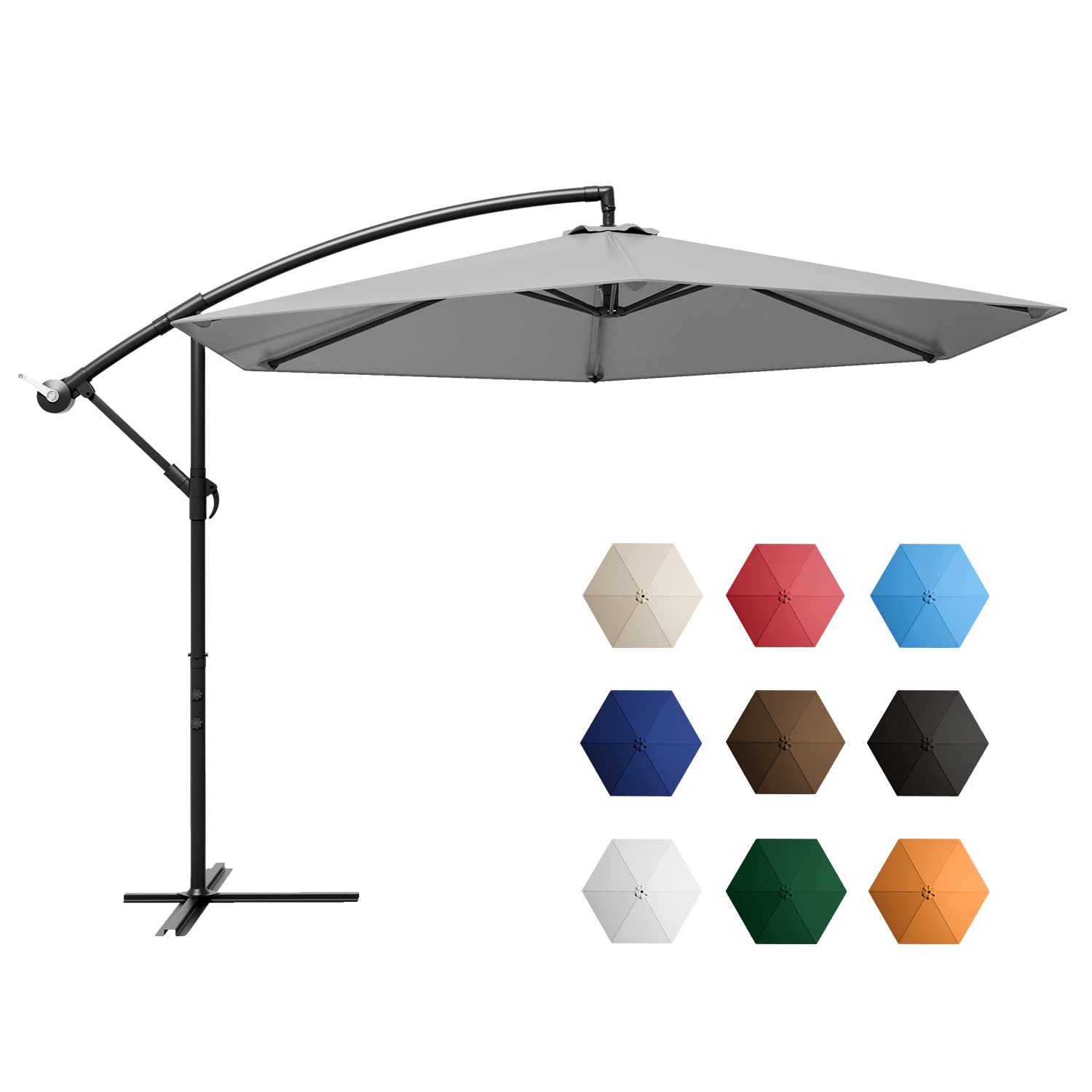 Greesum 10FT Offset Cantilever Patio Umbrella - Outdoor Hanging Market Umbrella with Easy Crank Handle & Sturdy Cross Base (Gray) - Perfect for Poolside, Backyard, Beach, and Outdoor Dining Areas