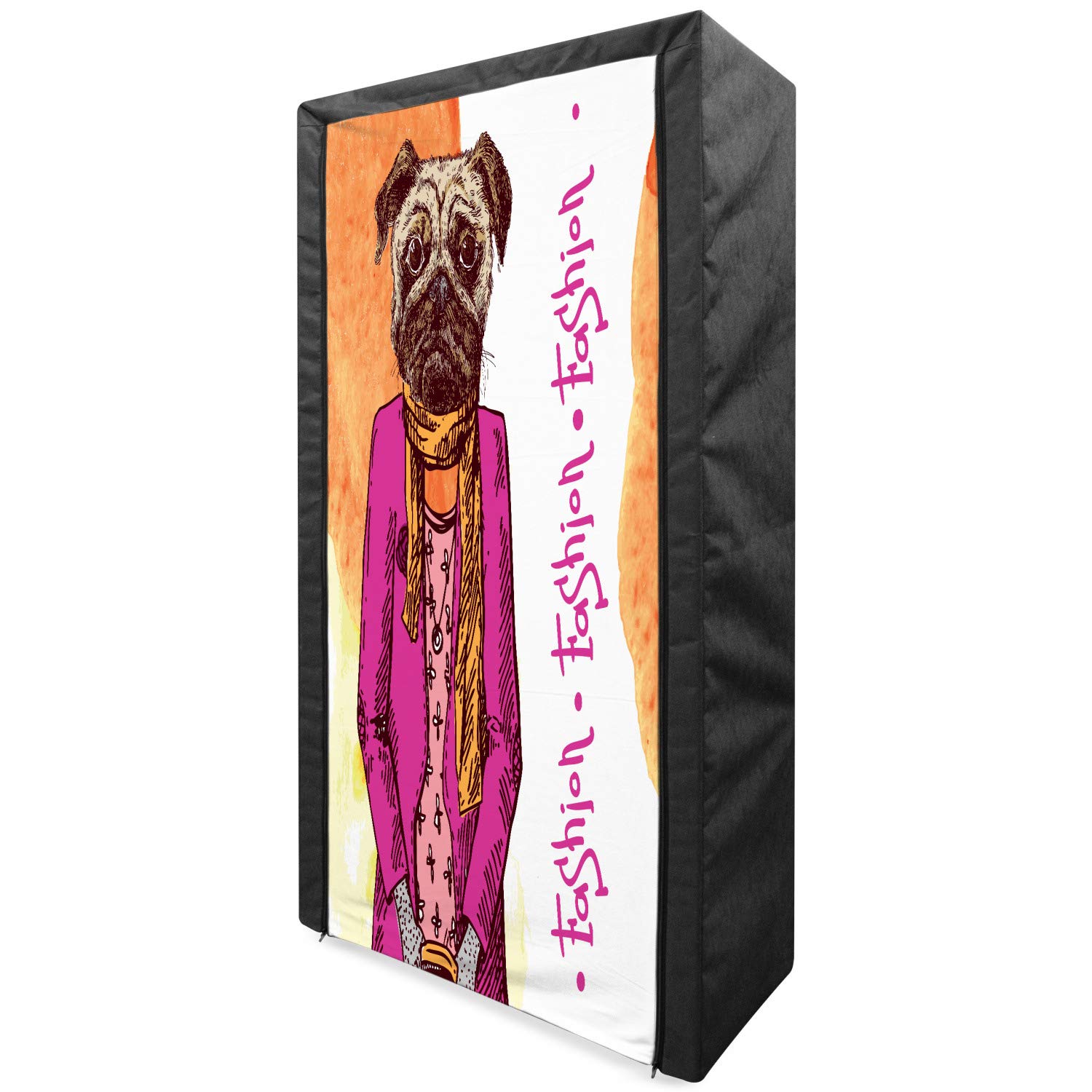 Ambesonne Pug Portable Fabric Wardrobe - Fashion Dog Closet Organizer with Shelves, Cool Clothes Scarf Necklace Jacket Handbag Design - 33.5 Inch Clothing Storage for Bedroom, Closet, Dorm & Travel - Hot Pink Amber