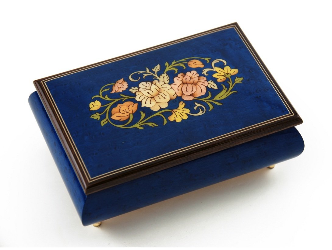 Remarkable 30-Note Dark Blue Floral Wood Inlay Musical Jewelry Box with Rachmaninoff's 18th Variation - Handcrafted Gift for Women, Brides & Collectors - Perfect for Jewelry Storage, Wedding Gifts & Home Decor