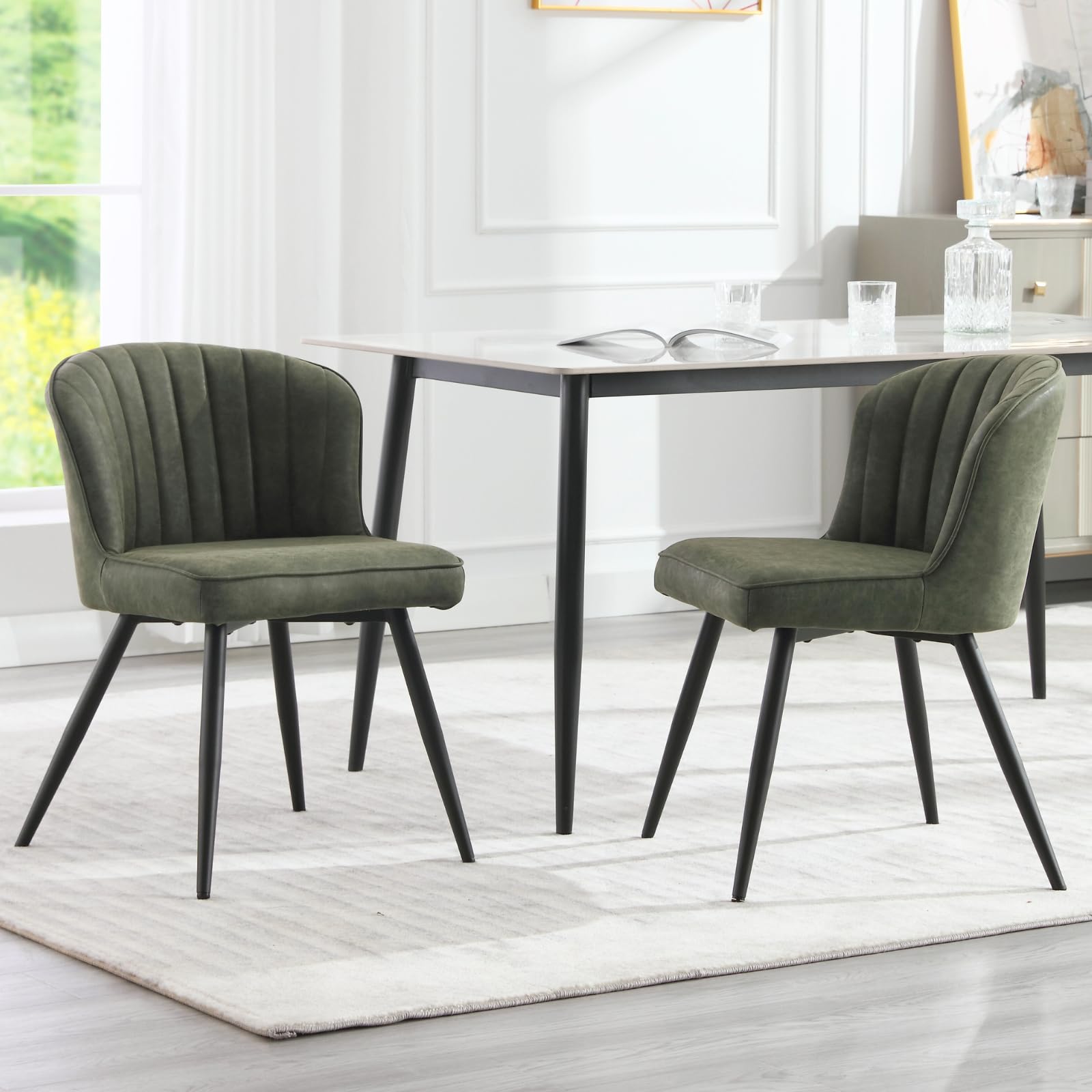Set of 2 Green Faux Leather Dining Chairs - Mid Century Modern Upholstered Armless Side Chairs for Kitchen, Dining Room & Living Room - Perfect for Small Spaces & Contemporary Home Decor