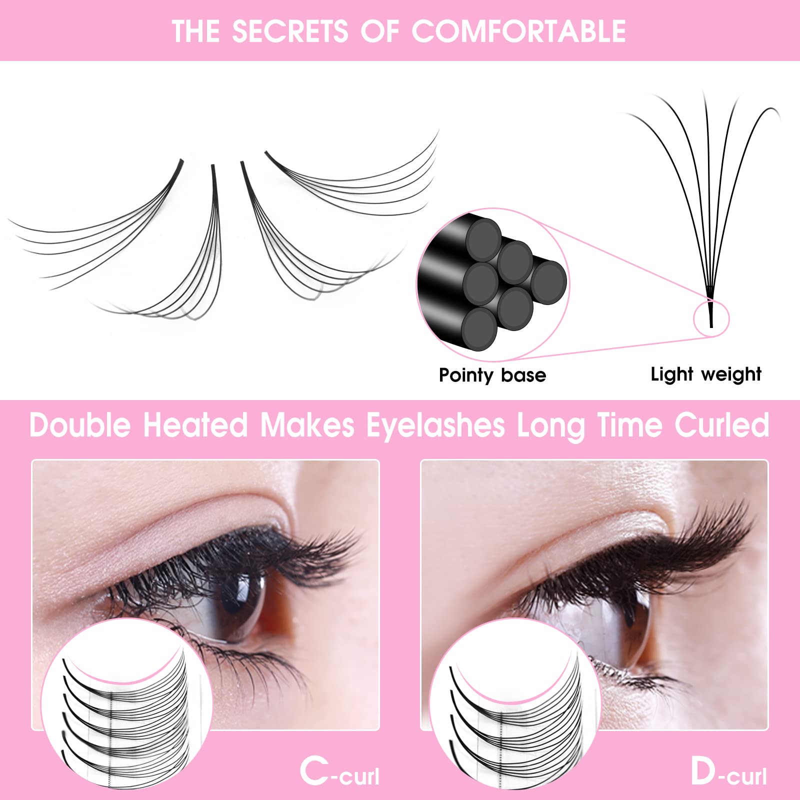 10D-D-0.07-10mm Premade Volume Eyelash Extensions - C/D Curl Pointed Base Fans for Dramatic Look | Professional Salon & DIY Home Use