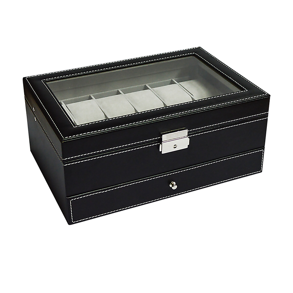 12-Slot Leather Watch Display Case with Lock & Key - Jewelry Storage Box Organizer for Men's Watches & Accessories - Perfect for Retail Stores, Watch Collections & Gift Presentation