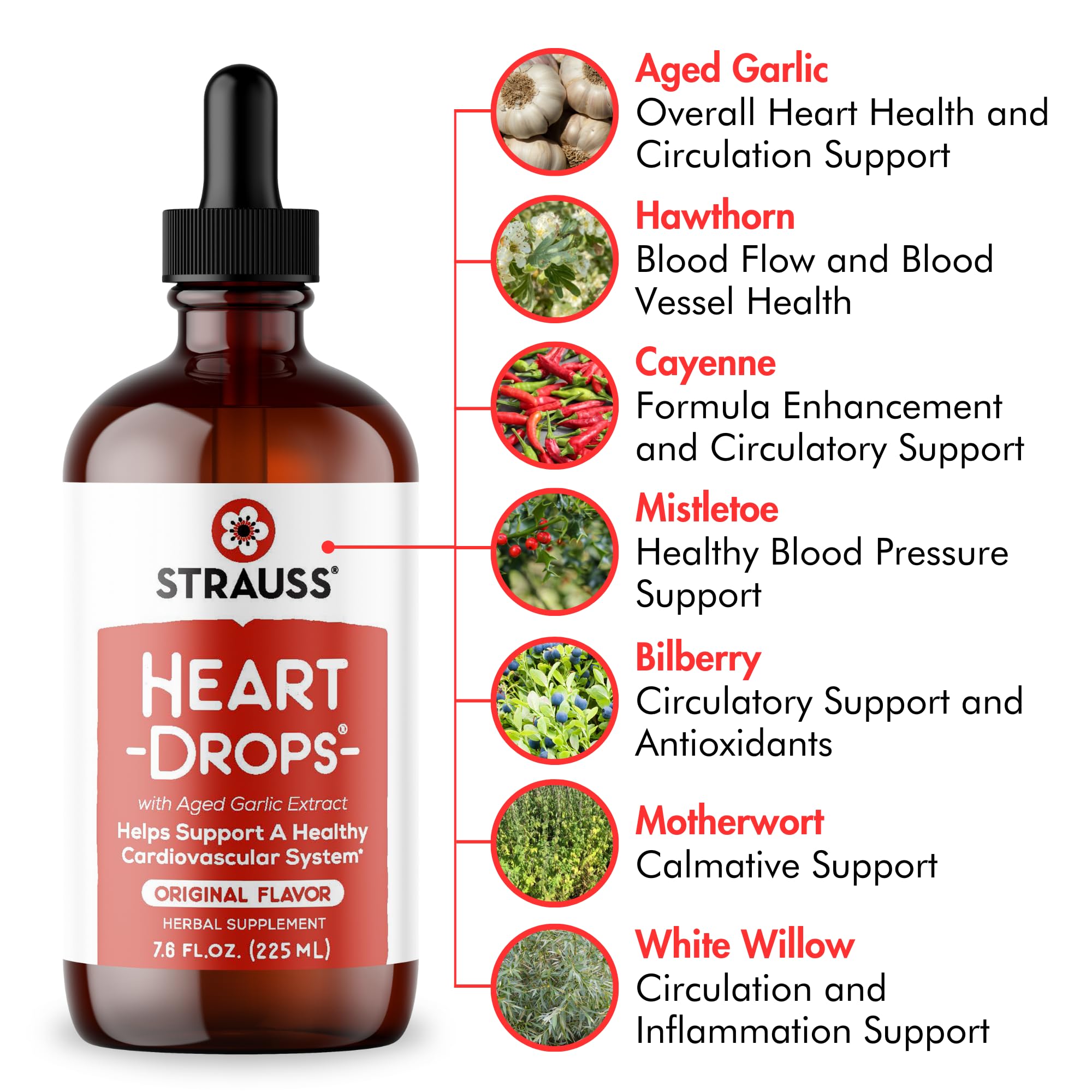Strauss Naturals Heart Drops - Natural Mistletoe & Aged Garlic Extract Supplement for Cardiovascular Support - Vegan, Non-GMO, Cinnamon Flavored Heart Health Drops (225ml) - Supports Healthy Blood Pressure & Circulation for Active Lifestyles