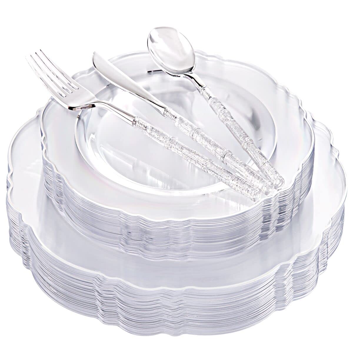 Ciaell 150PCS Clear Silver Plastic Plates & Disposable Cutlery Set with Glitter Bamboo Handle - Elegant Baroque Disposable Tableware for Weddings, Parties, and Events - Perfect for Birthday Celebrations, Bridal Showers, and Formal Dinners