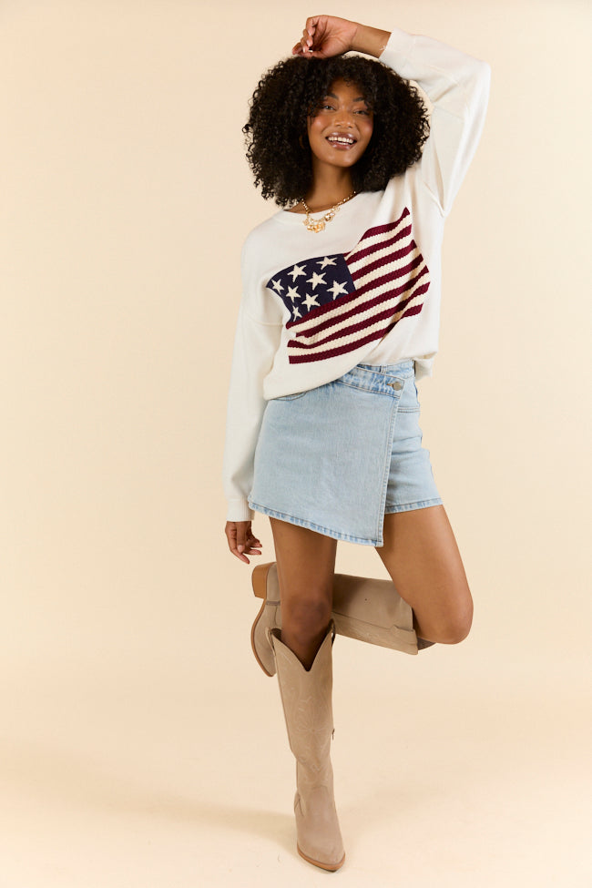Patriotic Ivory Textured Flag Sweater - Cozy Knit Pullover for Men & Women | Perfect for 4th of July, Veterans Day & Casual Outings