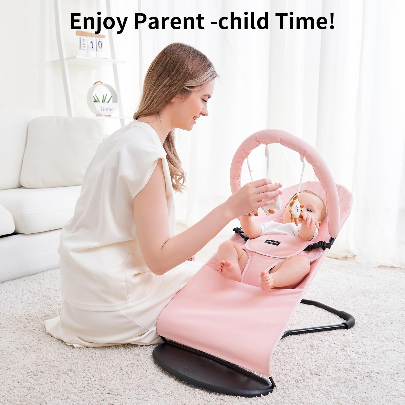 Portable Baby Bouncer Seat with Adjustable Positions - 3-Level Infant Rocker Chair with 100% Cotton Fabric & Hanging Toys - Perfect for Newborns, Playtime & Nursery - Pink