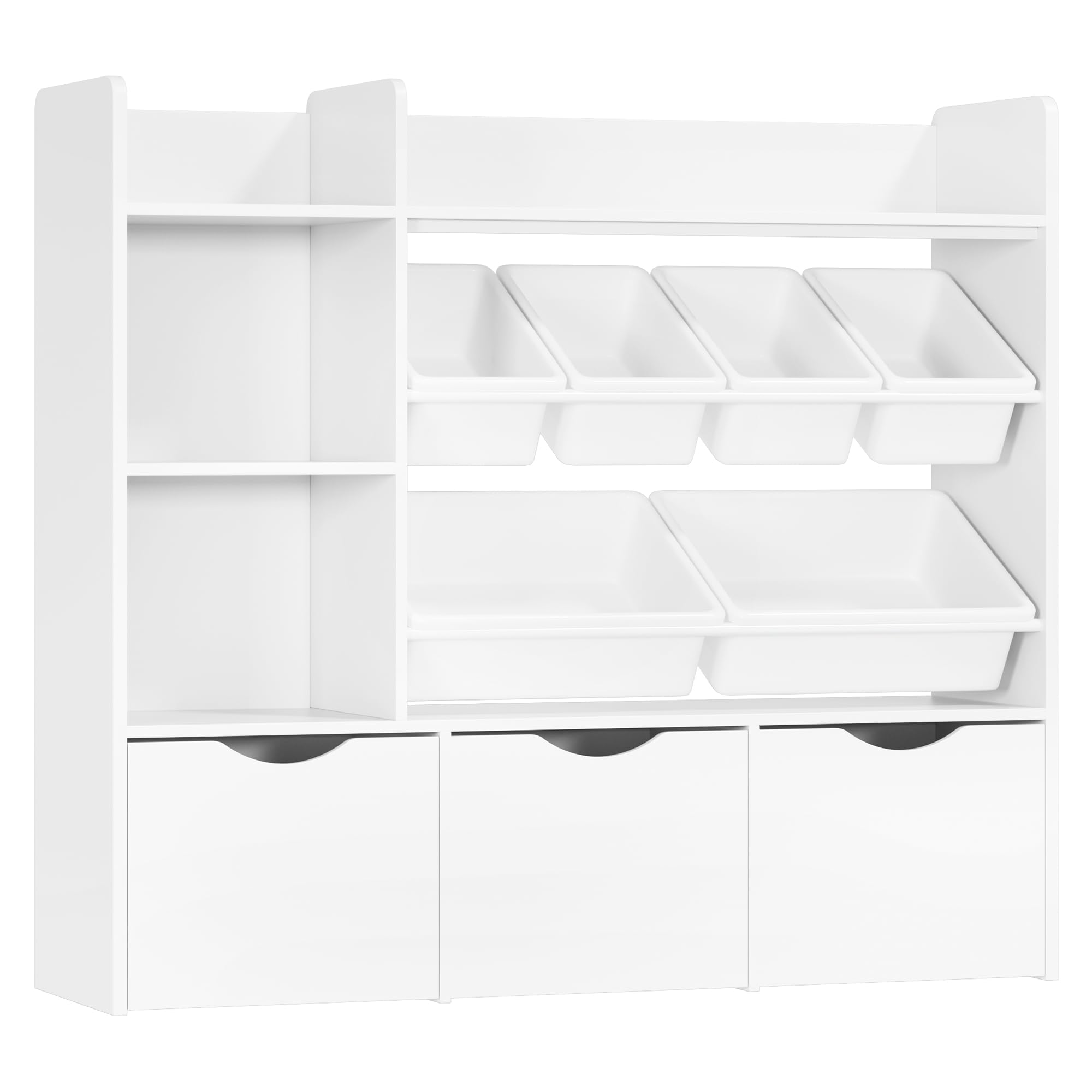 3-Tier Kids Toy Storage Organizer with 6 Plastic Bins & 2 Cubbies - Movable Drawers, Bookshelf & Hidden Wheels - White Toy Chest for Playroom, Classroom & Home Organization