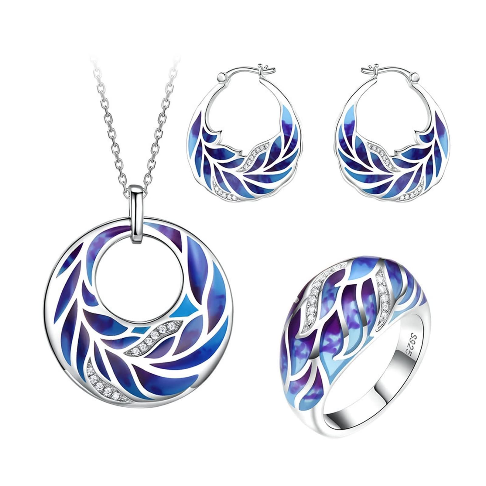 Daesar Sterling Silver Jewelry Set for Women - Necklace, Ring & Earrings with White Cubic Zirconia & Enamel Flower Design | Elegant Gift for Birthday, Anniversary & Special Occasions