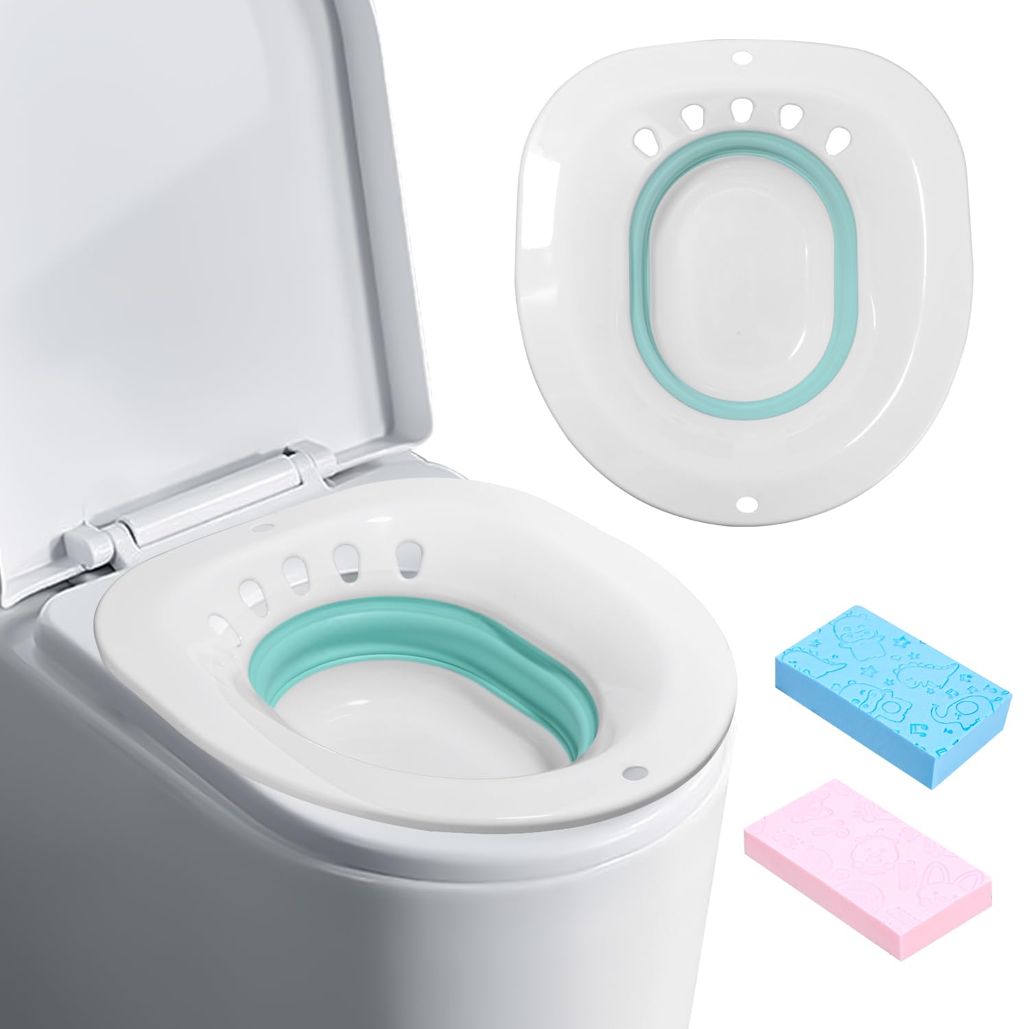 Foldable Toilet Seat Bidet with 2 Cleaning Sponges - Portable Sitz Bath for Hemorrhoid Treatment, Postpartum Care, Pregnancy & Elderly Use - Ideal for Home, Hospital & Travel Comfort