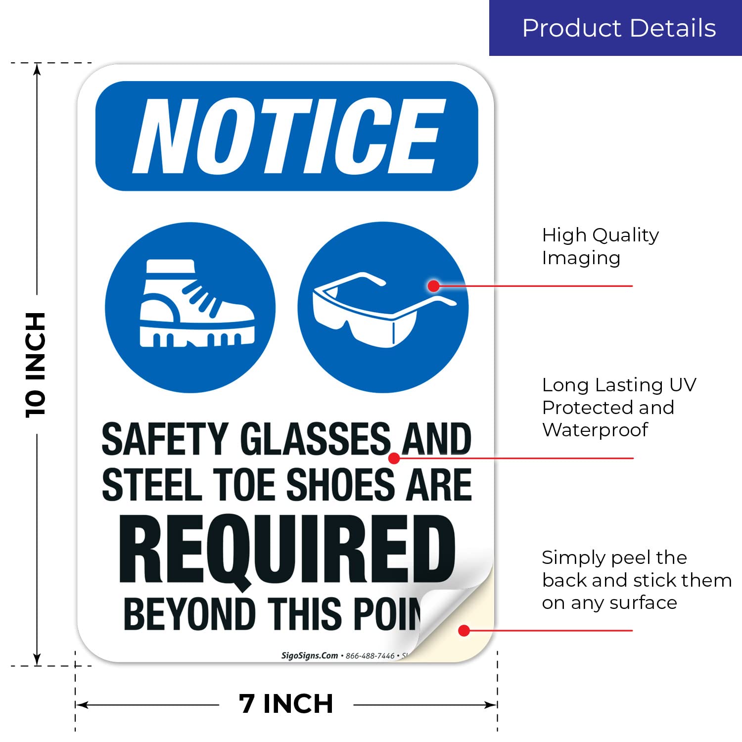 OSHA Safety Sign - 'Safety Glasses & Steel Toe Shoes Required Beyond This Point' - 10x7 Inch Vinyl Decal, Weatherproof & UV Resistant (Made in USA) - Perfect for Construction Sites, Warehouses & Industrial Work Zones
