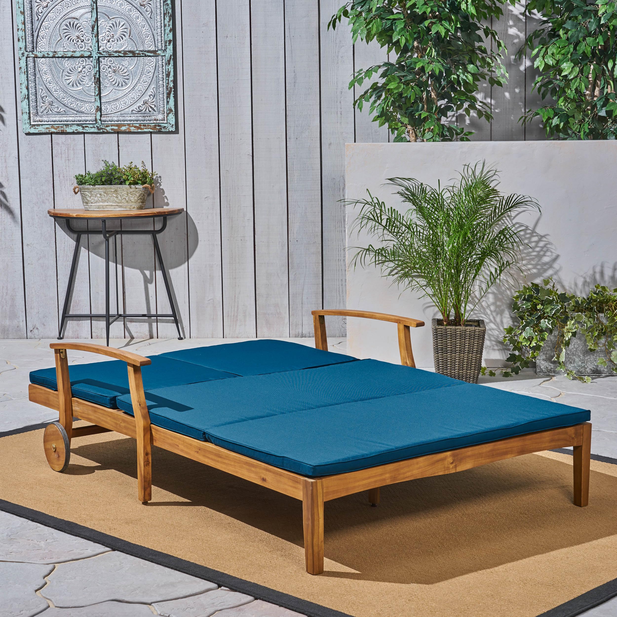 Premium Acacia Wood Double Chaise Lounge Chairs - All-Weather Outdoor Patio Daybed with Adjustable Backrest & Cushions for 2 - Perfect for Poolside Relaxation, Backyard Lounging, and Sunbathing