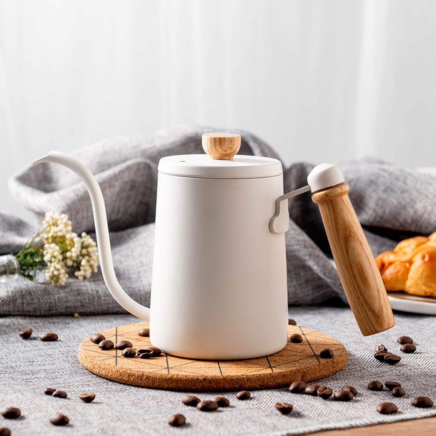 Premium I.XXI 600ml Gooseneck Coffee Kettle with Walnut Handle - Perfect for Pour Over, Drip Coffee & Tea Brewing - Stylish White Electric Water Kettle for Home & Office Use